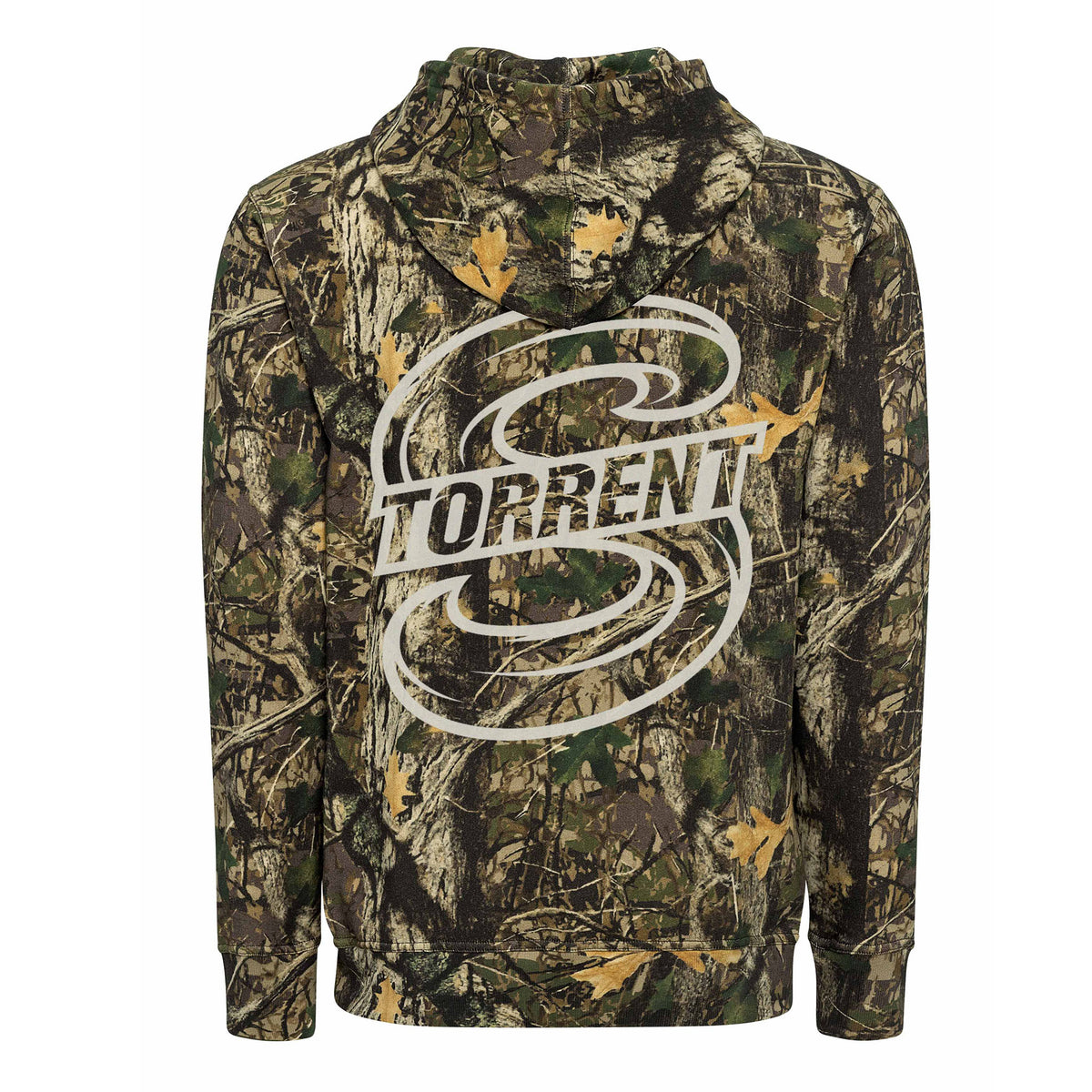 Back of a camouflage hooded sweatshirt with a large white Seattle Torrent logo.