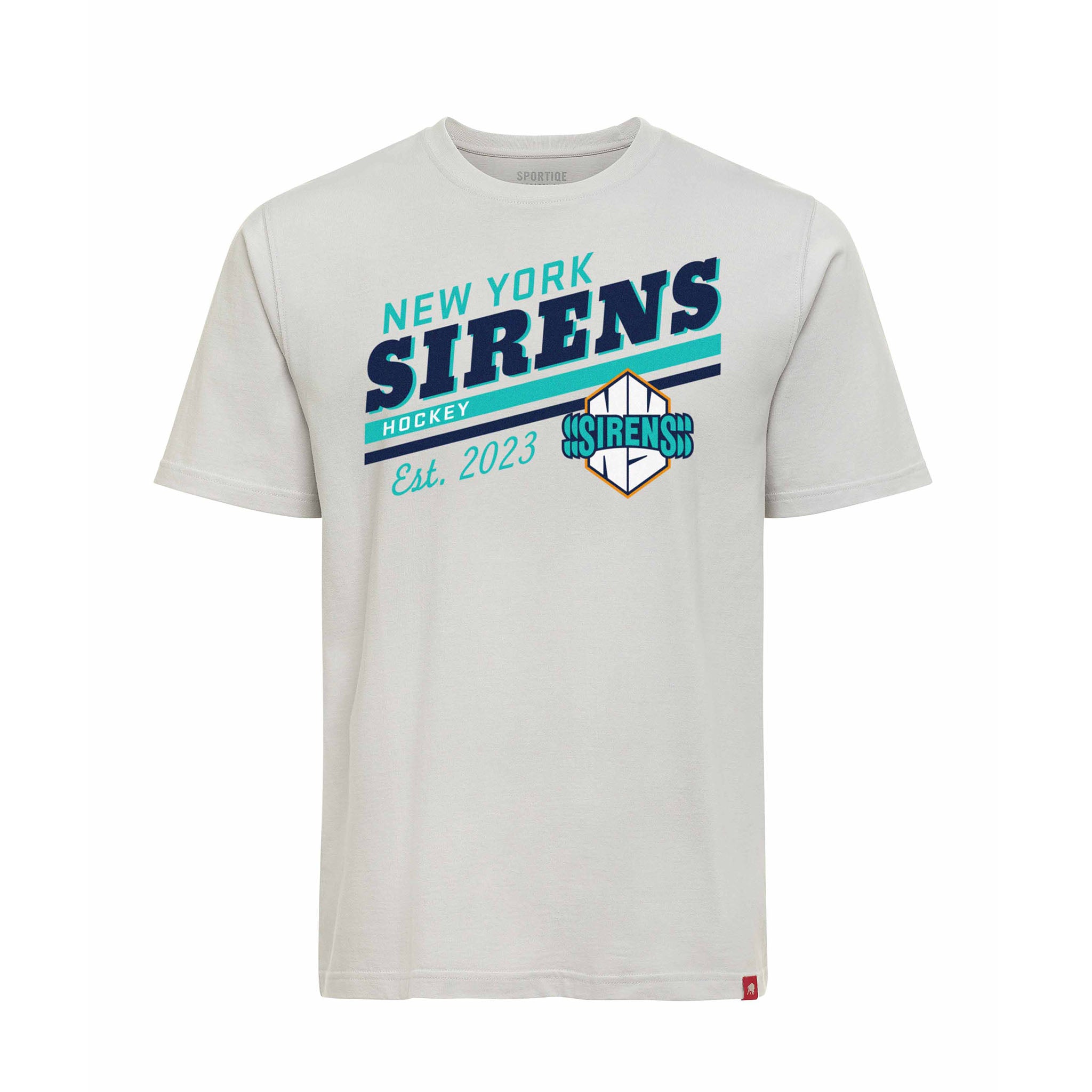 White t-shirt with 'New York Sirens' text and logo on a white background