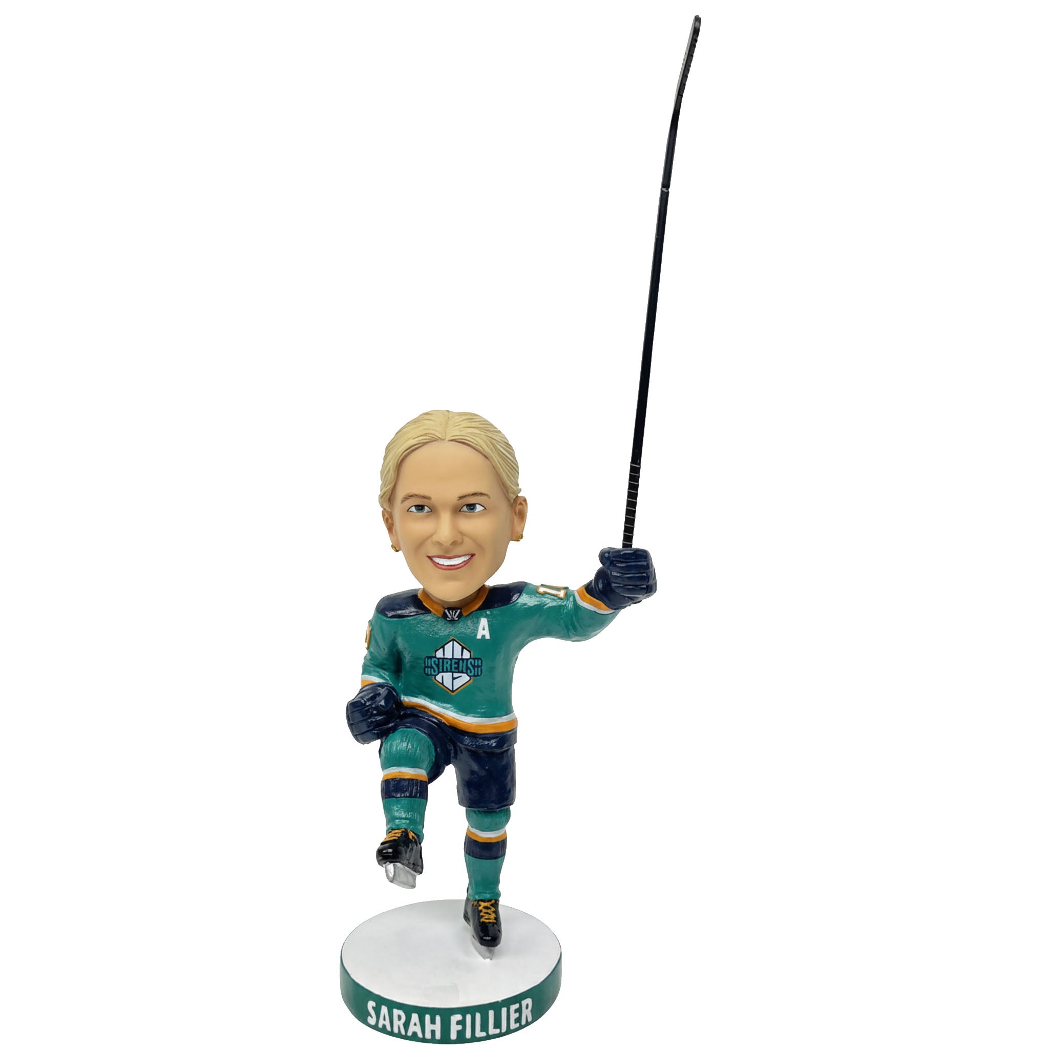 Bobblehead figure of a hockey player in a green uniform with a stick, on a white background.