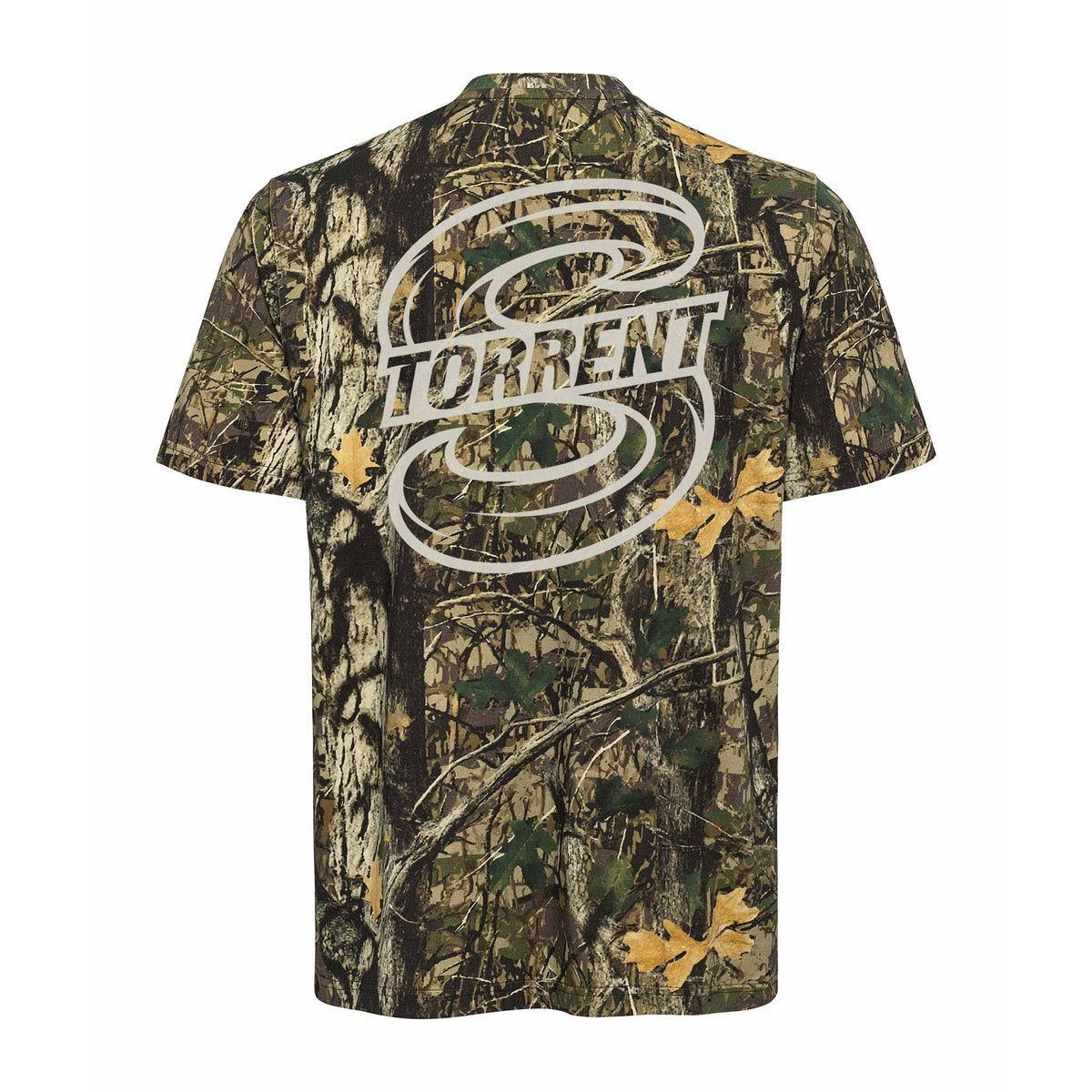 Back of a camouflage short sleeve shirt with a large white Seattle Torrent logo.