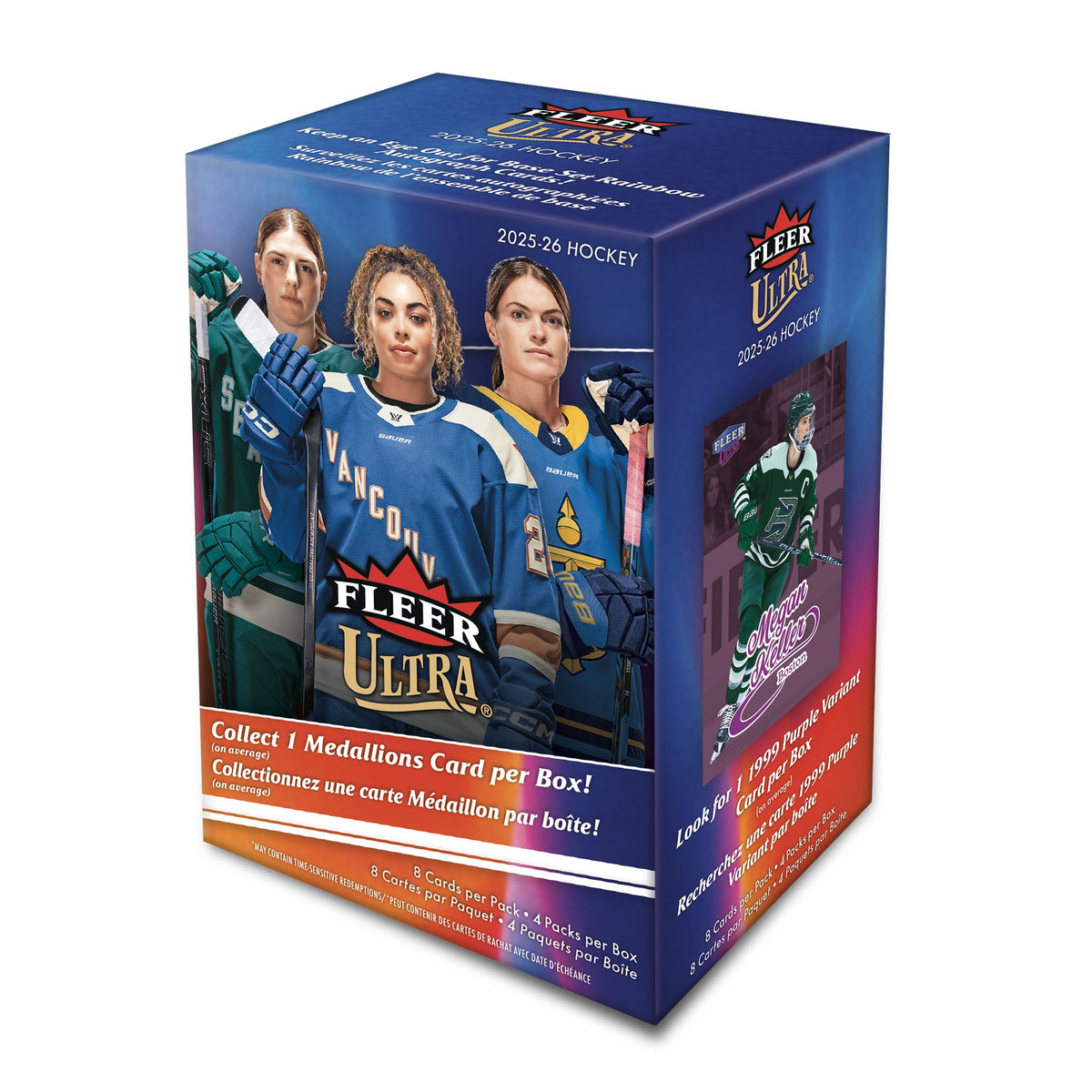 A Fleer Ultra 2025 Hockey card booster box featuring Vancouver Goldeneyes, Toronto Sceptres, and Seattle Torrent players on the front, photographed on a clean white background.