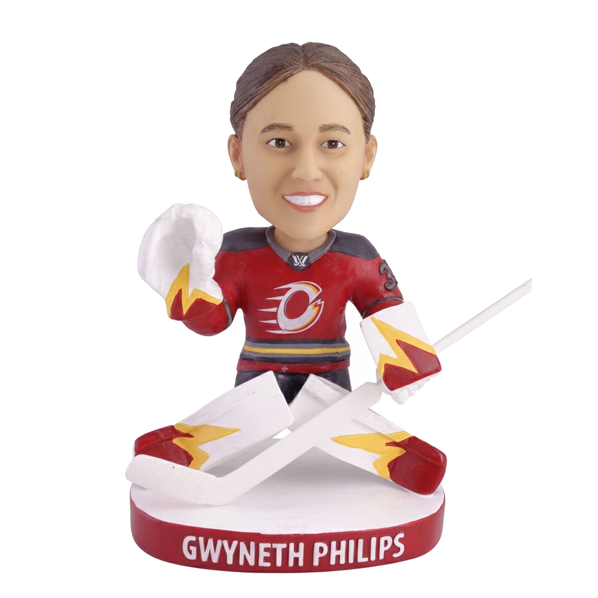Bobblehead figure of a hockey player in a red jersey with a white stick, on a white background.
