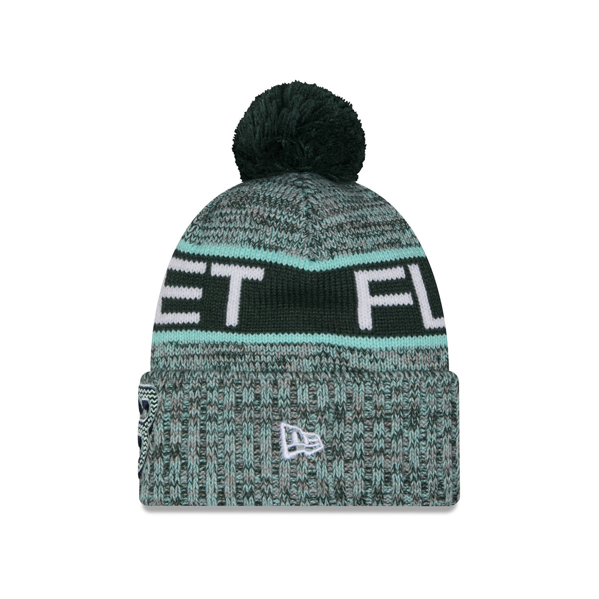 Adult Boston Fleet New Era Knit Tri Color Pom Beanie side view