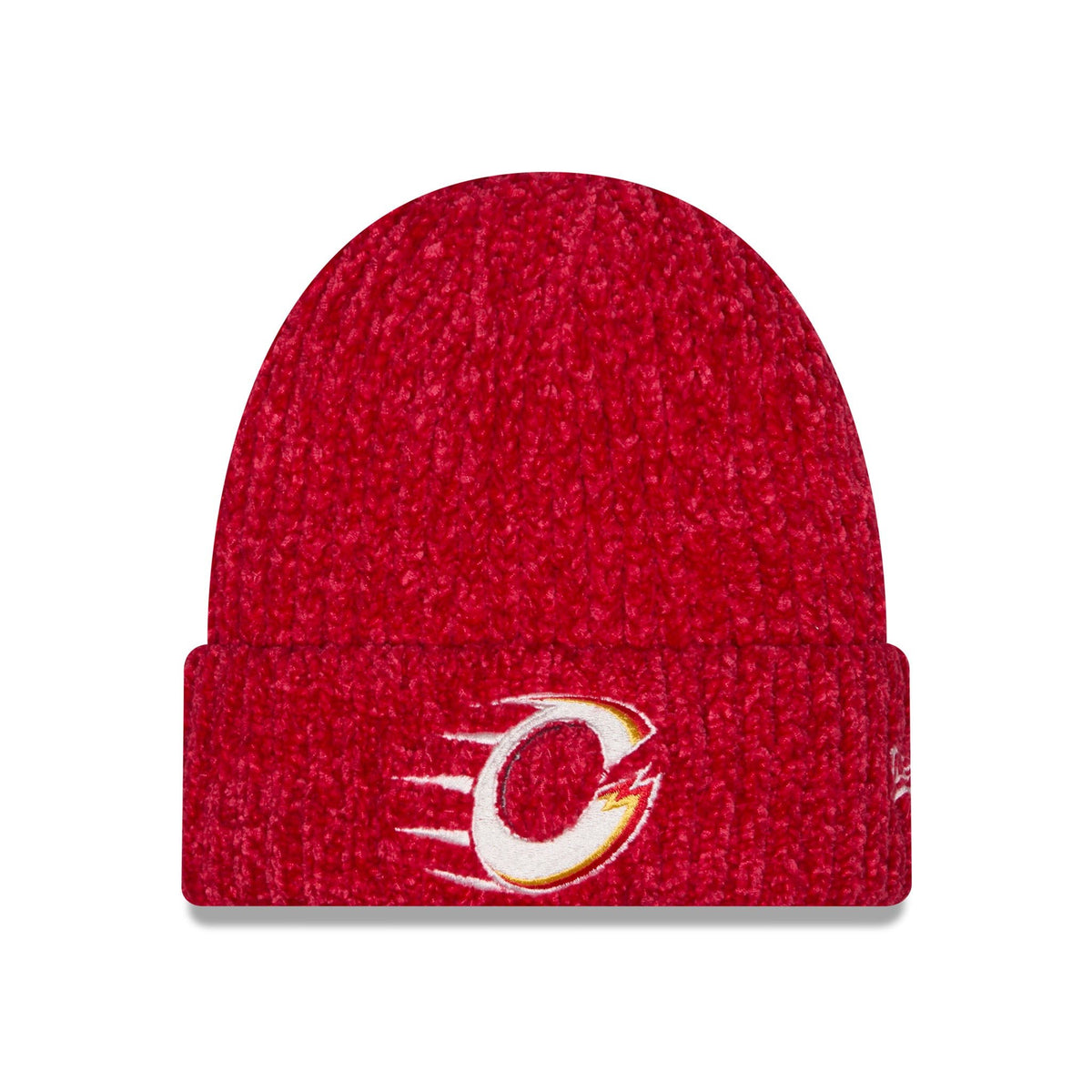 A red knit cuffed beanie featuring the Calgary Flames logo embroidered on the front cuff, set against a plain white background.