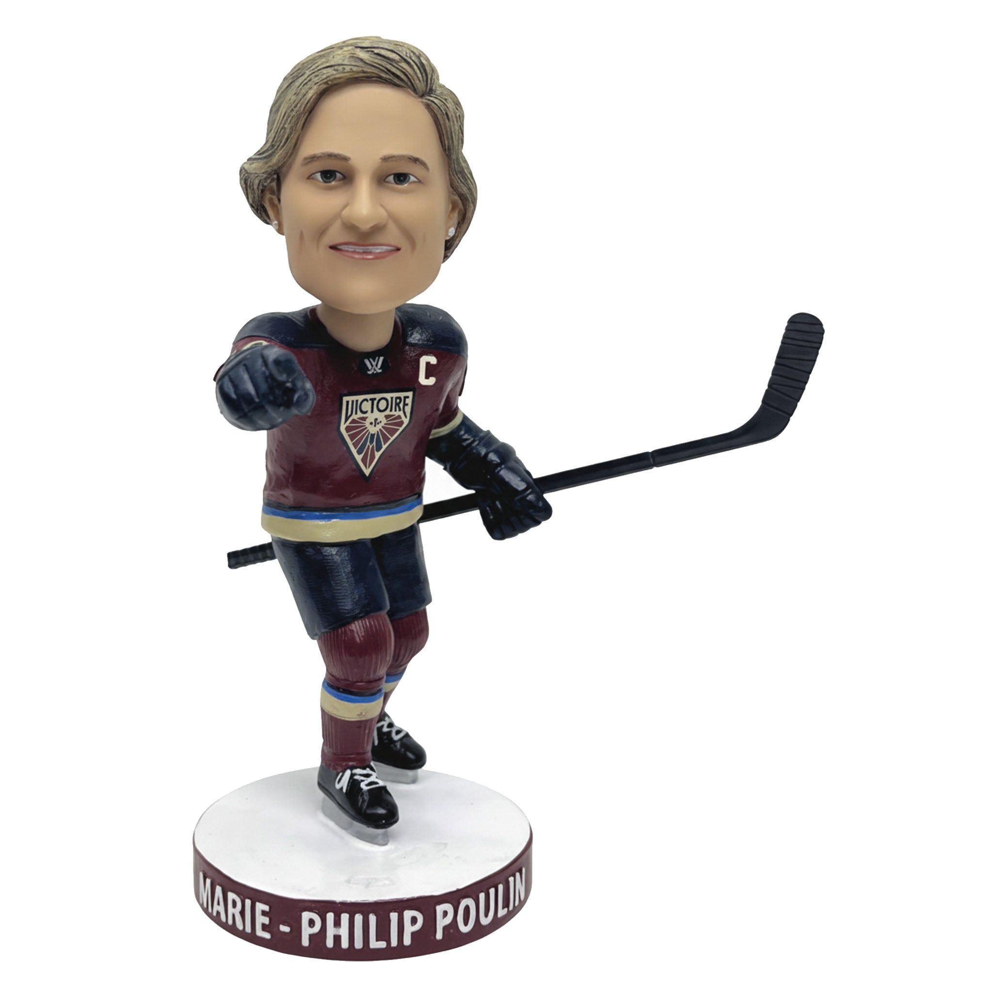 Hockey bobblehead figure with a stick and maroon jersey on a white background