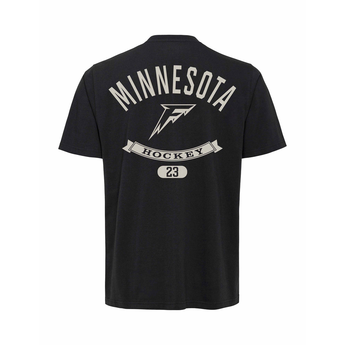 The back of a black short sleeve shirt with a white Minnesota Frost logo. Above it is 'MINNESOTA' in white and below it is a robin with 'HOCKEY' cut out of it and an ovel with '23' cut out.