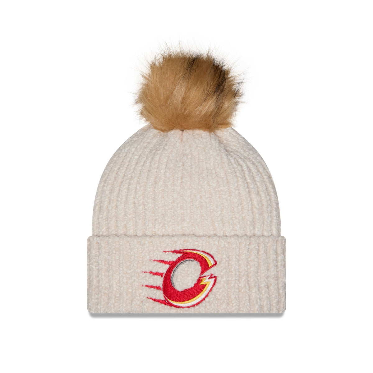 An off-white ribbed knit beanie with a fluffy tan pom-pom on top and a red and yellow embroidered Calgary Flames logo on the front cuff.