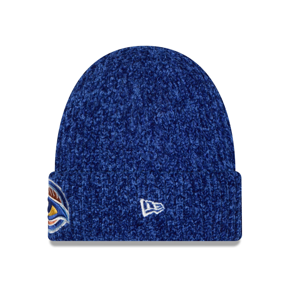 A dark blue heathered knit beanie hat featuring a white embroidered New Era flag logo on the front cuff and a colorful Carolina Hurricanes team logo on the side cuff, shown against a plain white background.