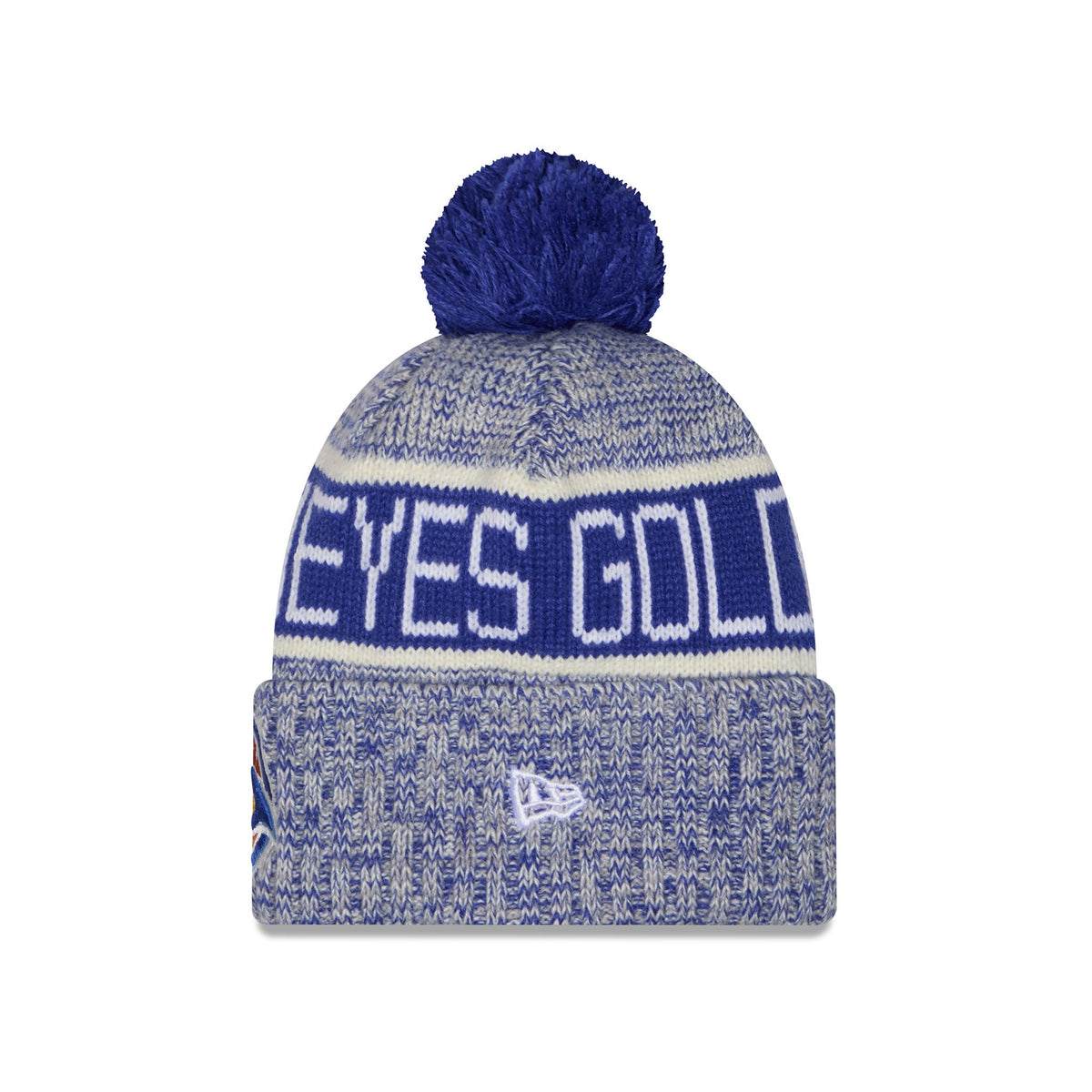A blue and white knit pom-pom beanie with 'GOLDENEYES' knitted across the front and a small white New Era logo on the cuff.