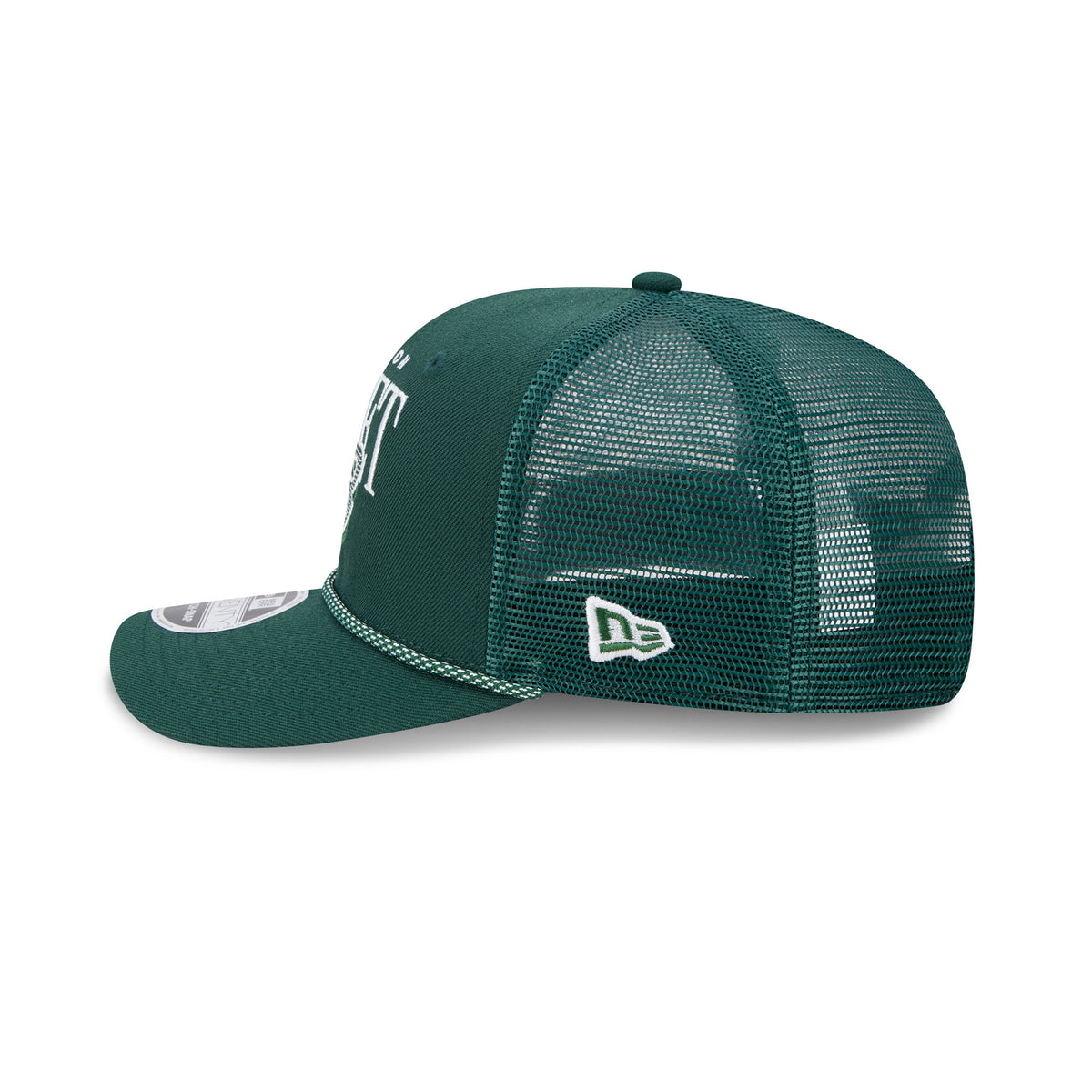 Left side of a green structured hat with a green mesh back and a green and white speckled chord along the base of the brim. 'BOSTON' is embroidered small above a larger 'FLEET' with a Boston Fleet logo set in front of it. White New Era logo stitched on side of green mesh.