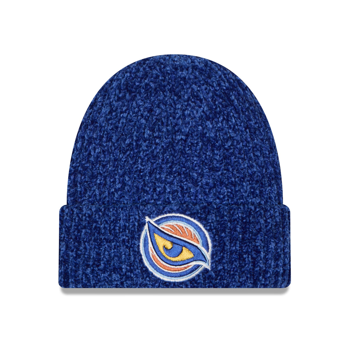 A dark blue heathered knit beanie with a folded cuff, featuring an embroidered circular eye logo in orange, yellow, and white on the front.