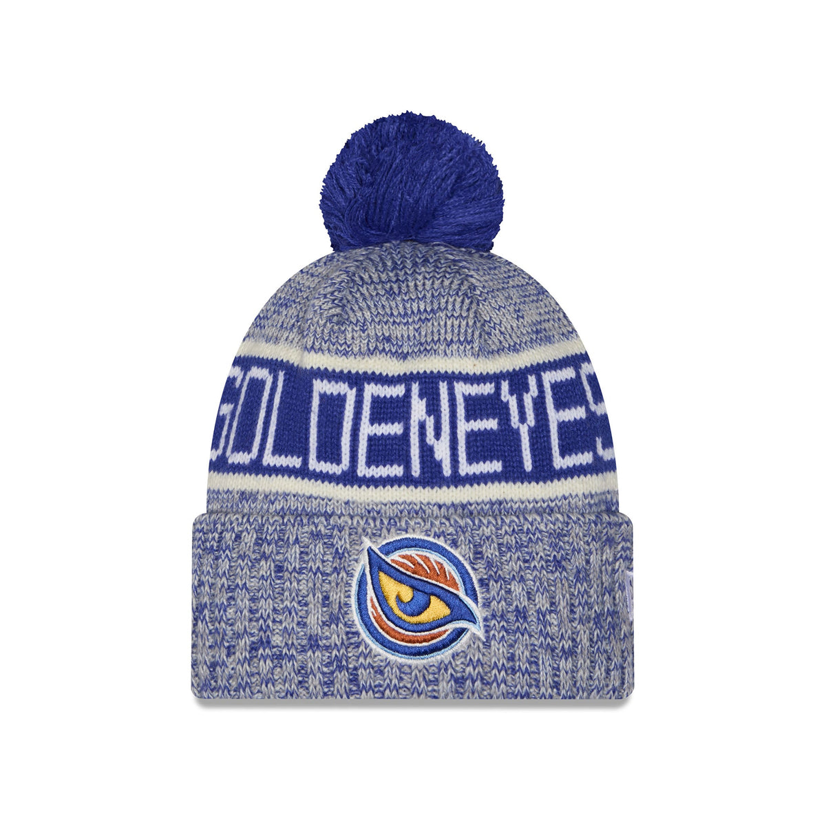 Adult Vancouver Goldeneyes New Era Knit Tri Color Pom Beanie front