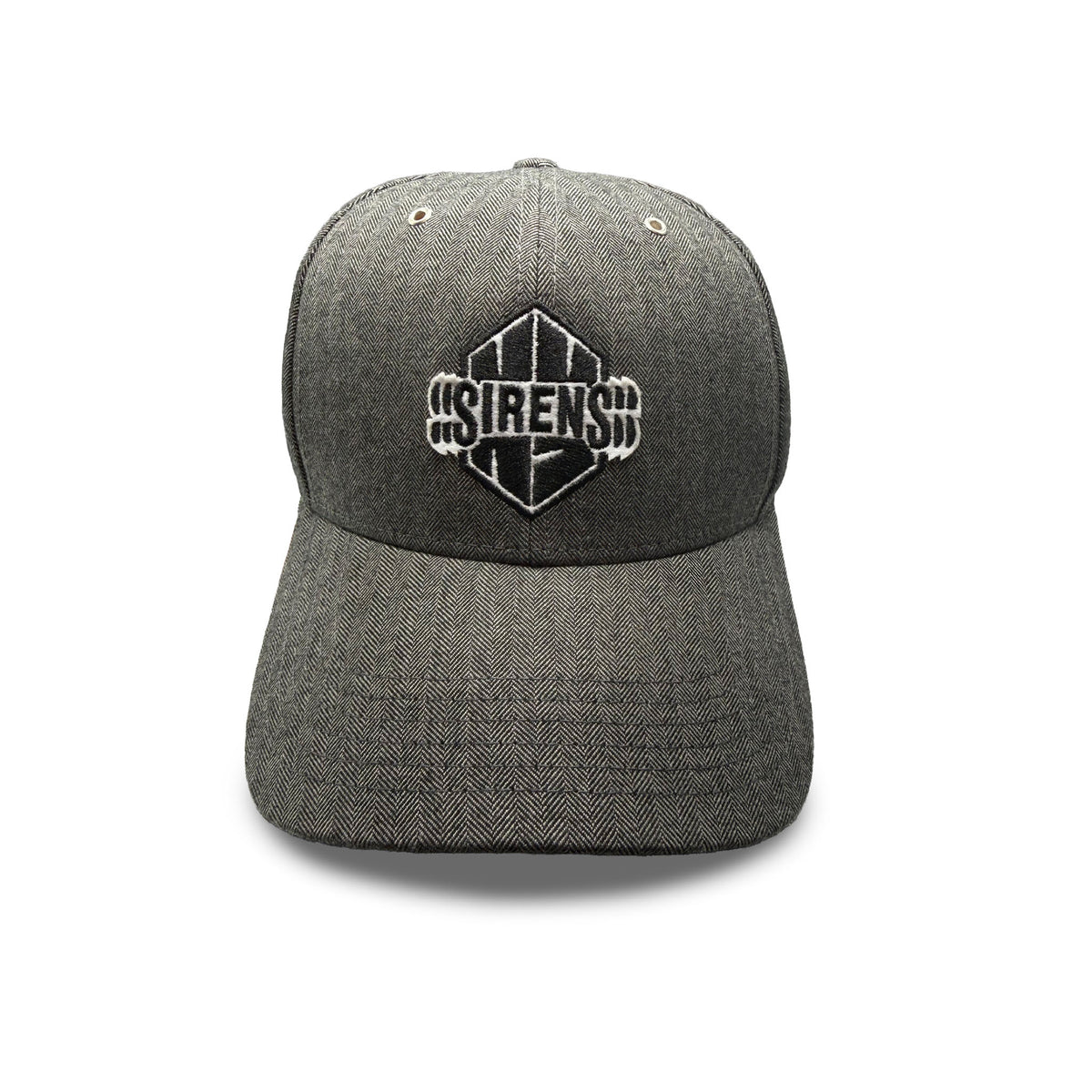 Front of a gray herringbone hat with a black and white New York Sirens logo embroidered.