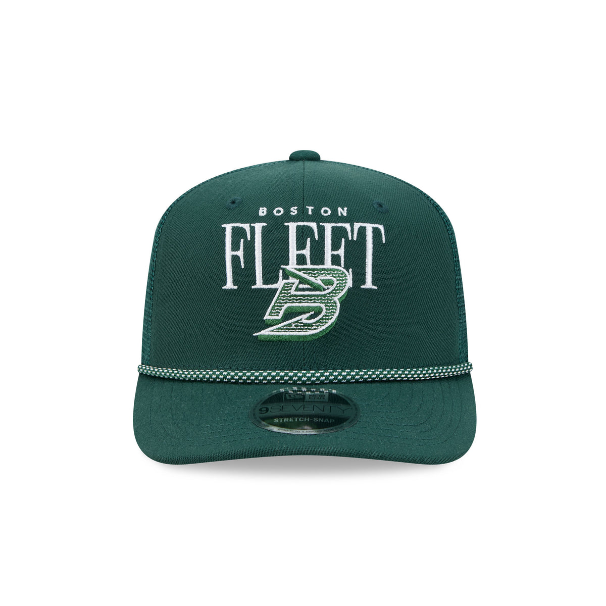 Front of a green structured hat with a green and white speckled chord along the base of the brim. 'BOSTON' is embroidered small above a larger 'FLEET' with a Boston Fleet logo set in front of it.