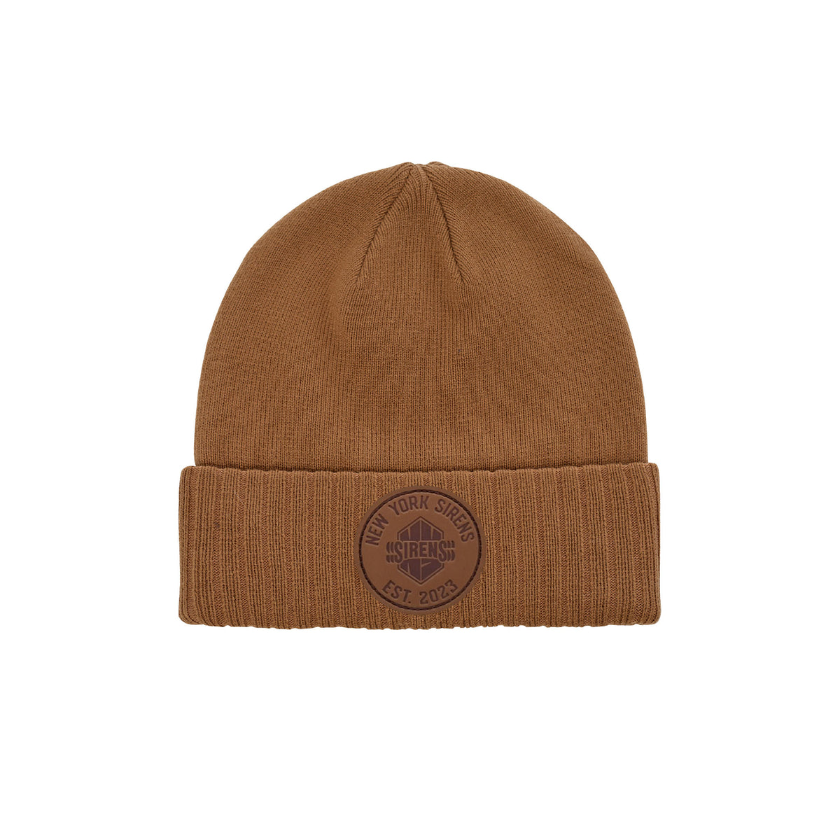 Front of a brown knit beanie with a ribbed folded cuff. A circular patch is on the front with the New York Sirens logo, 'NEW YORK SIRENS' in an arch above it and 'EST. 2023' below it.