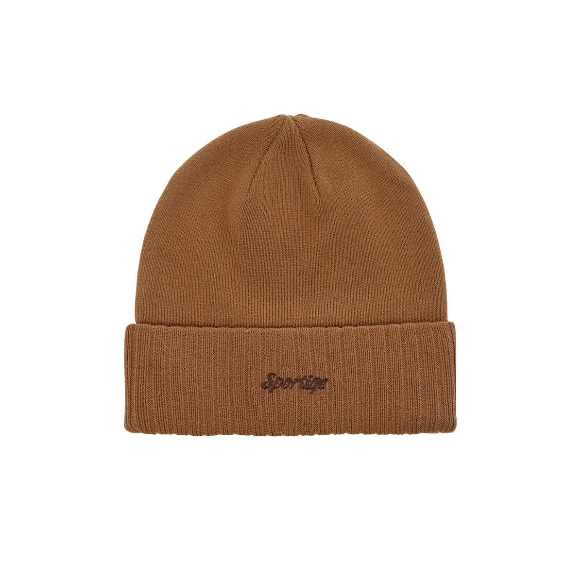 Back of a brown knit beanie with a ribbed folded cuff. 'Sportiqe' is stitched in brown cursive on the cuff.