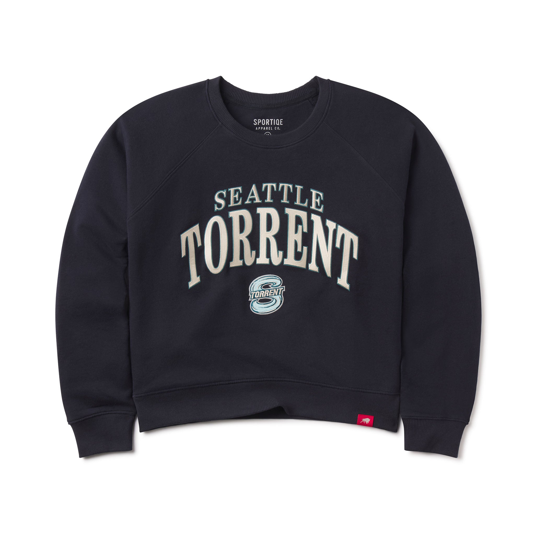 Navy blue sweatshirt with 'Seattle Torrent' text on a white background