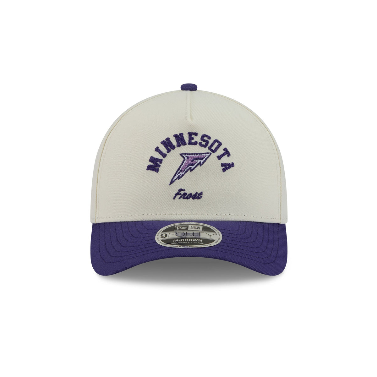 A structured baseball cap with an off-white crown and a purple brim, featuring 'MINNESOTA' and a purple 'Frost' logo embroidered on the front. A silver sticker for New Era 9FORTY is visible on the brim.