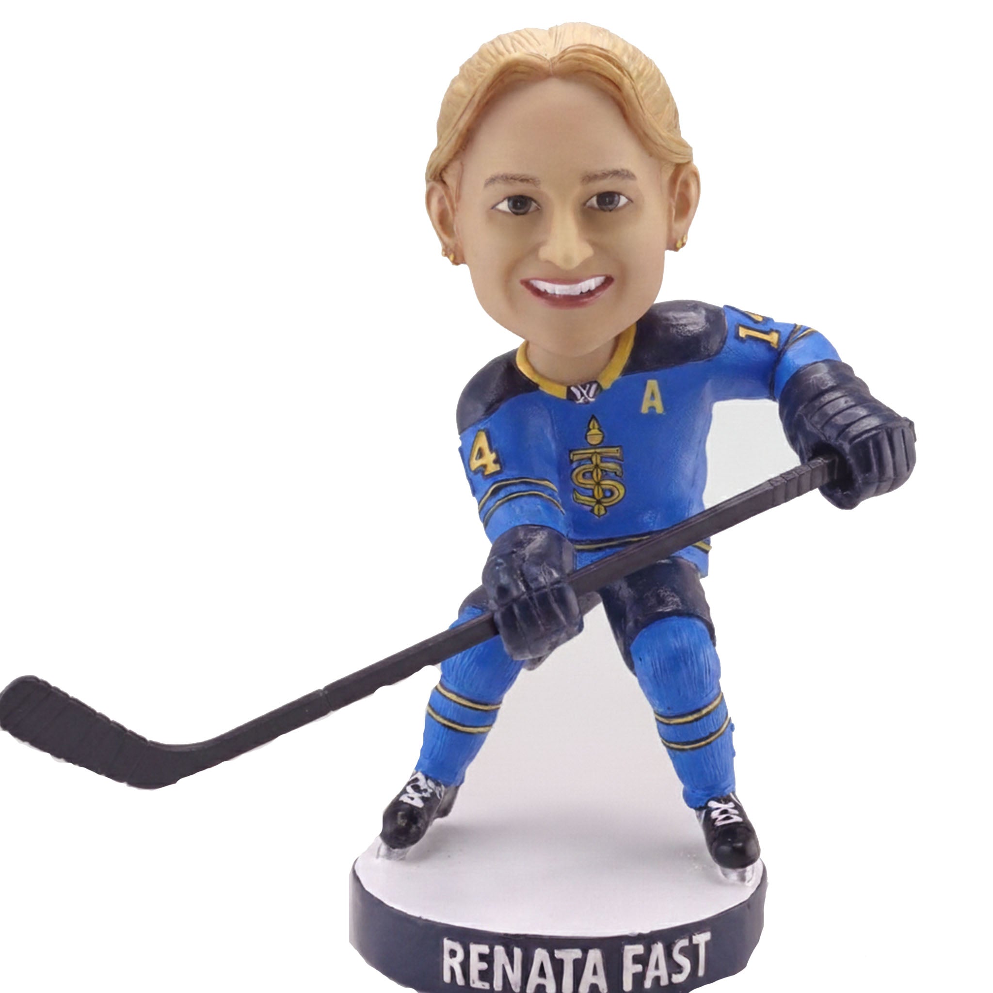 Hockey bobblehead figure of a player in a blue uniform with a stick, on a white background.