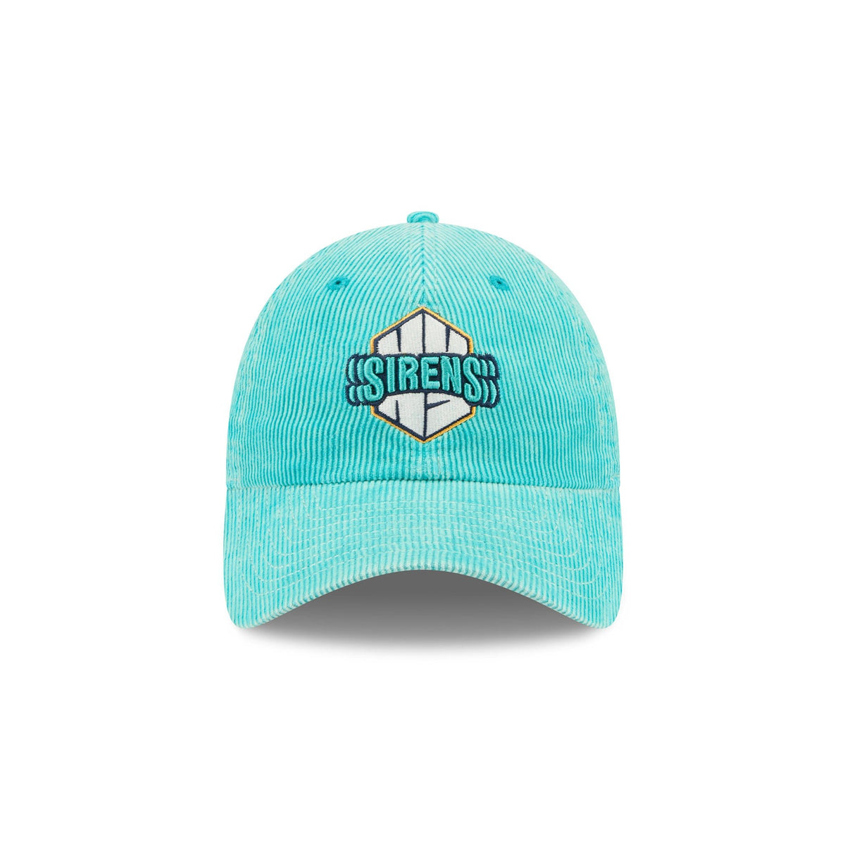 A light turquoise corduroy baseball cap with a front embroidered patch featuring the word 'SIRENS' in teal and white on a shield design, set against a plain white background.
