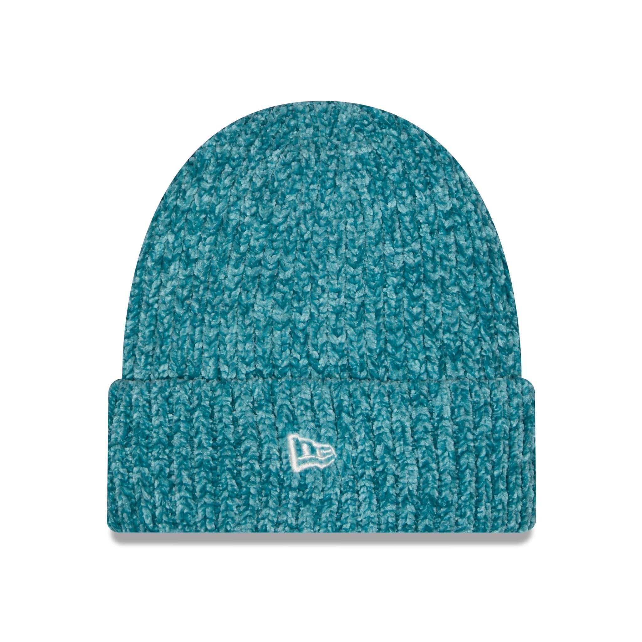 A teal blue heathered knit beanie hat with a folded cuff and a small white embroidered New Era flag logo on the front, shown against a plain white background.