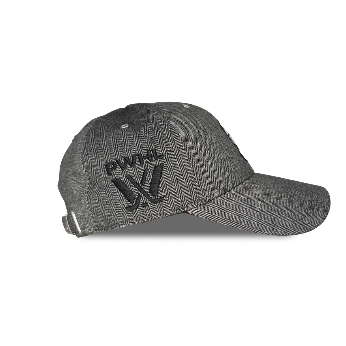 Side of a gray herringbone hat with a black PWHL logo embroidered.