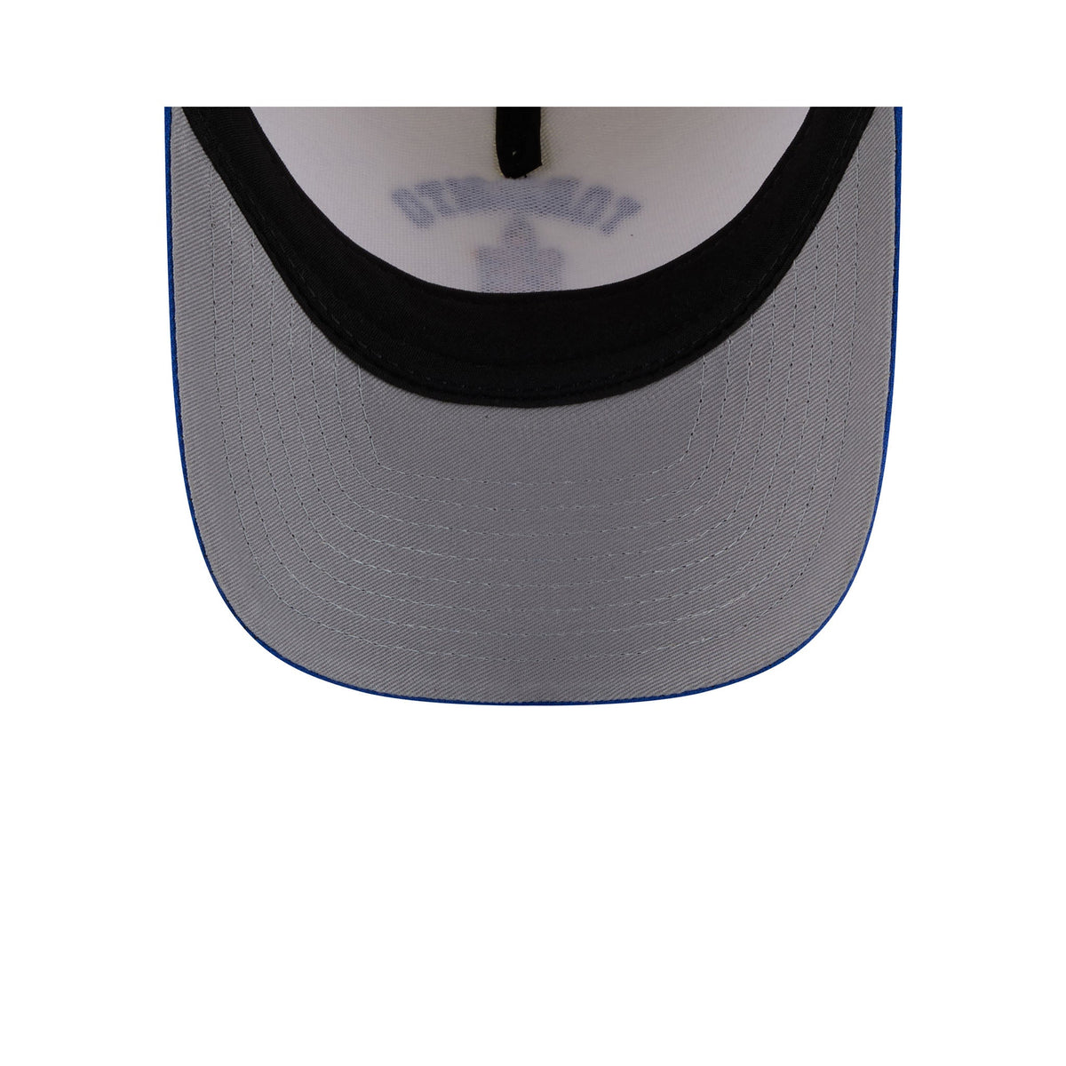 Close-up of the front of a baseball cap showing a white crown with a black embroidered logo that reads 'Toronto' and a gray brim with a thin blue edge.