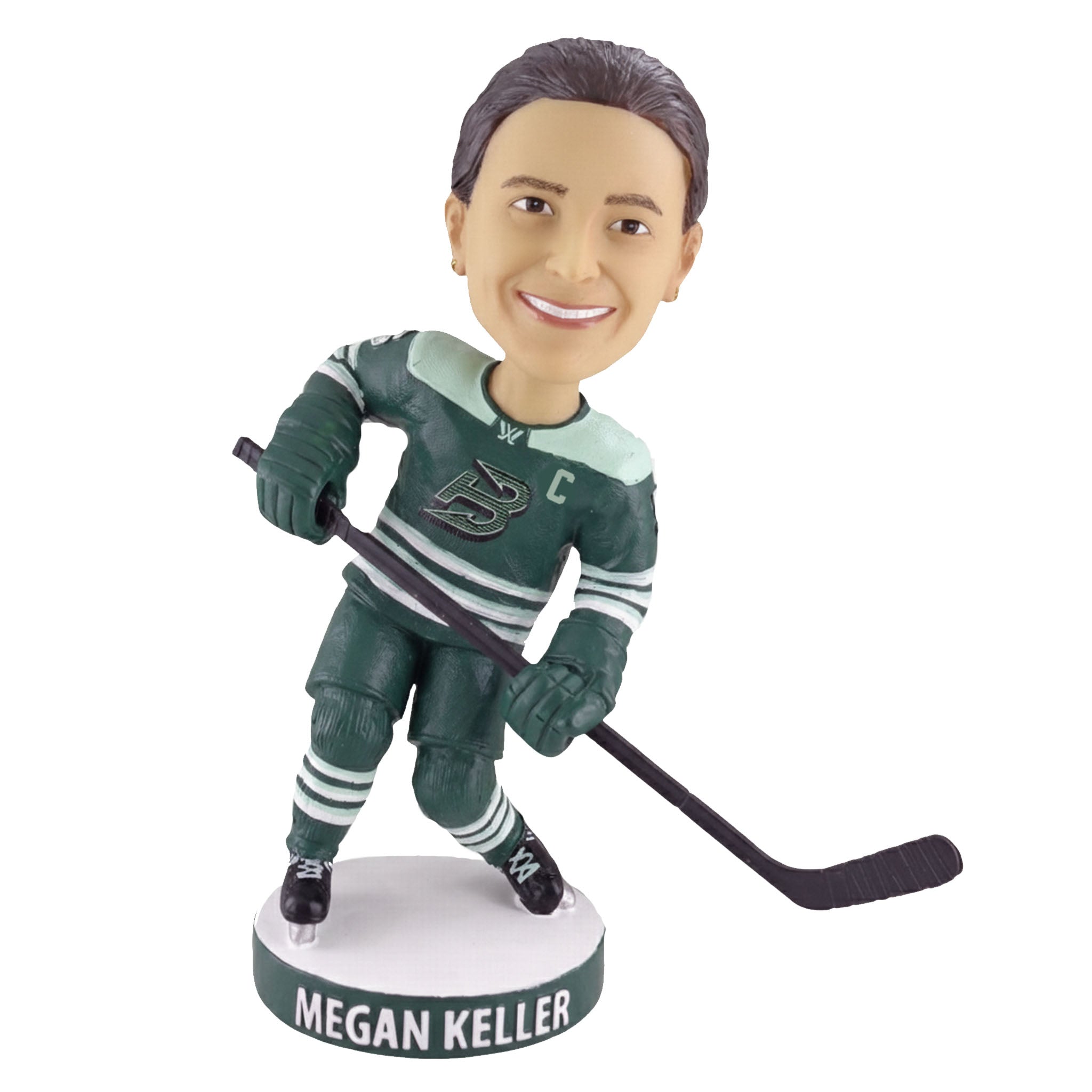 Hockey player bobblehead figure in green uniform with 'MEGAN KELLER' on a white background