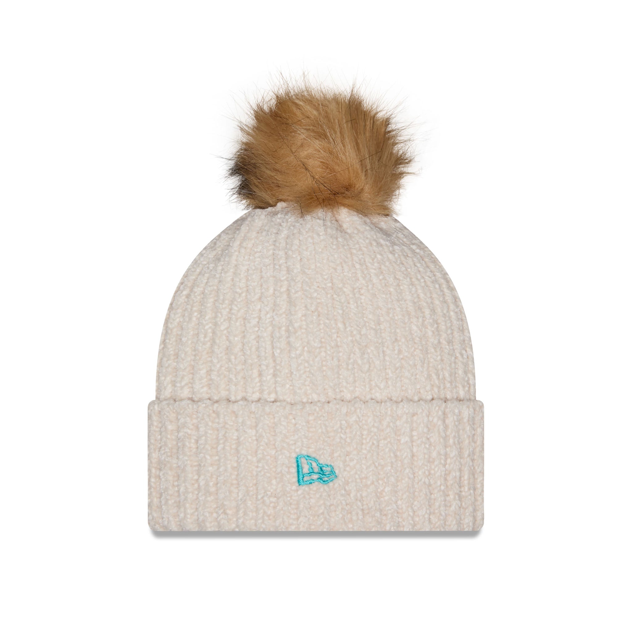 A ribbed knit beanie hat in cream with a brown faux fur pom-pom on top and a small turquoise New Era logo on the front cuff.