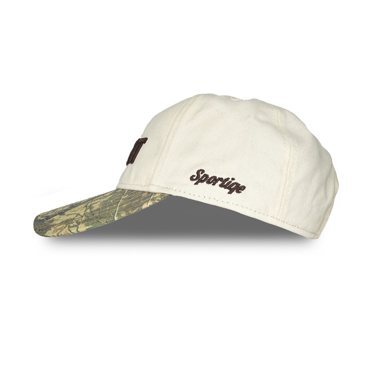 Side of a cream hat with camouflage brim that has 'Sportiqe' embroidered in brown cursive.