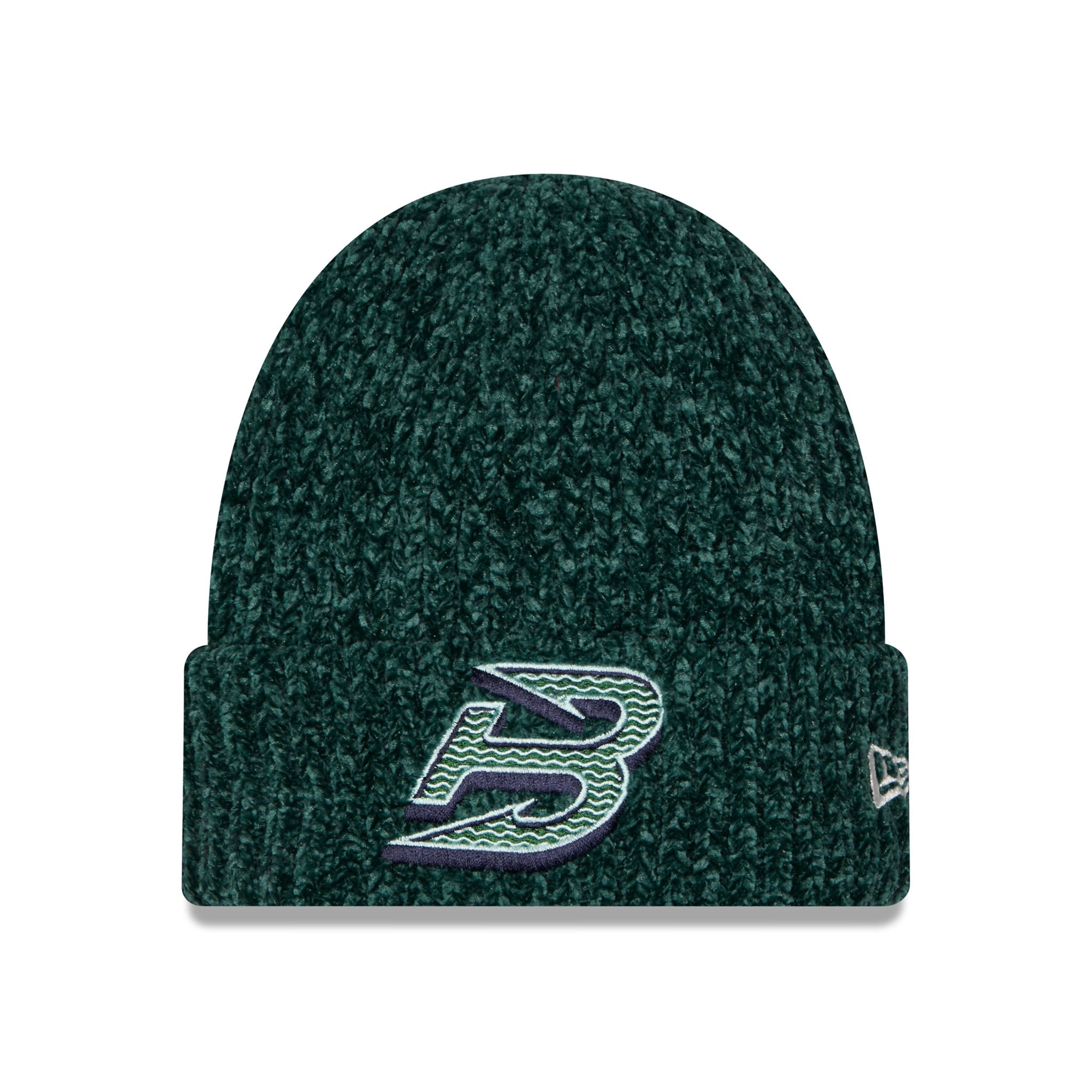 A dark green heathered knit beanie with a folded cuff, featuring a stylized embroidered letter 'B' logo in green, white, and purple on the front, and a small white New Era flag logo on the side.