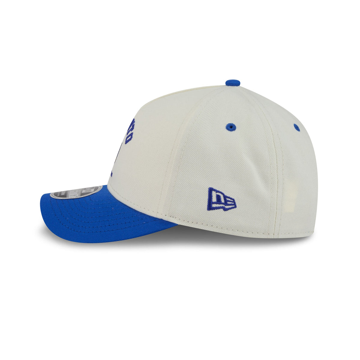 A white and royal blue baseball cap shown from a three-quarters angle on a white background. The cap features a white crown with blue eyelets and a blue embroidered New Era logo on the side, and a solid blue visor.