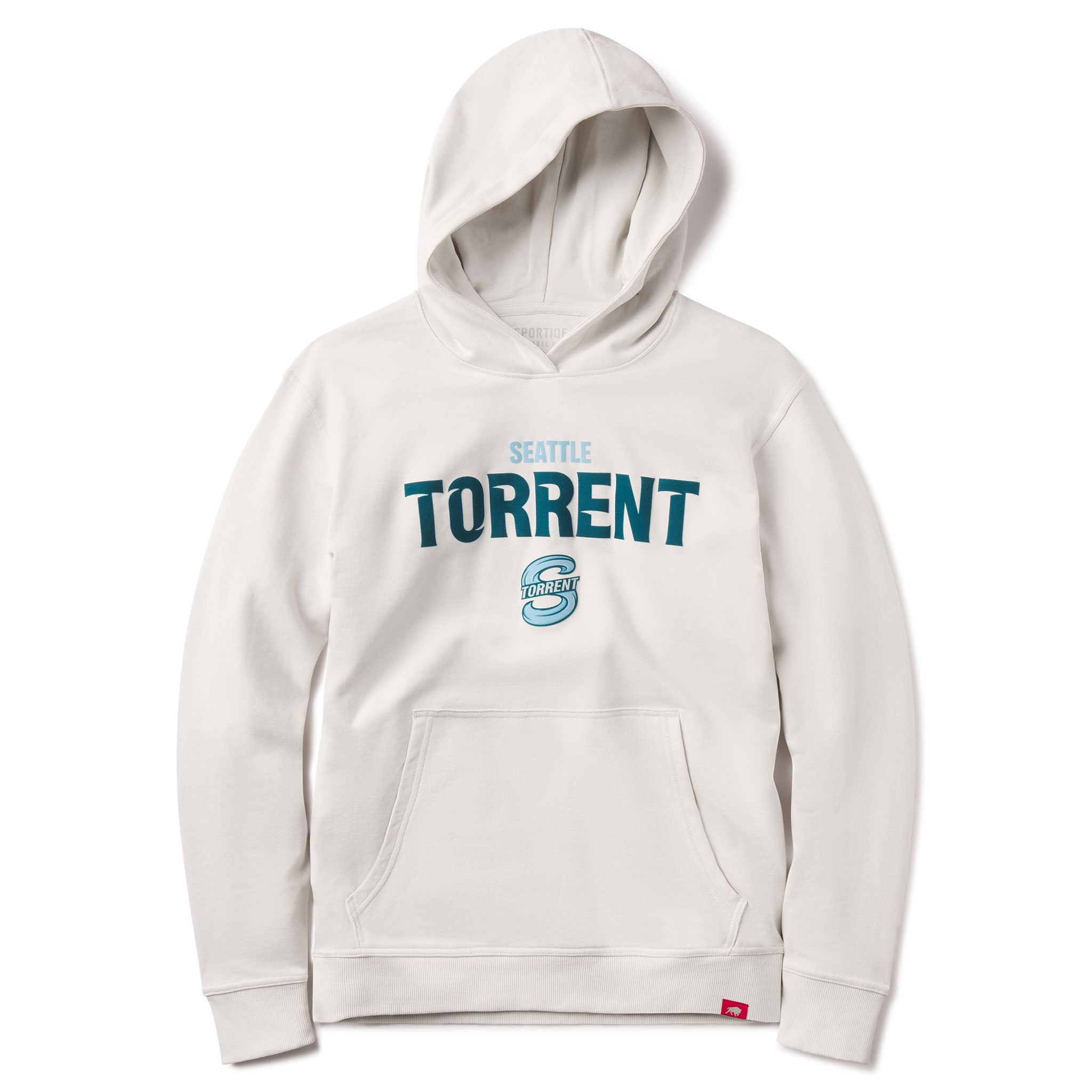White hoodie with 'Seattle Torrent' text and logo on a white background