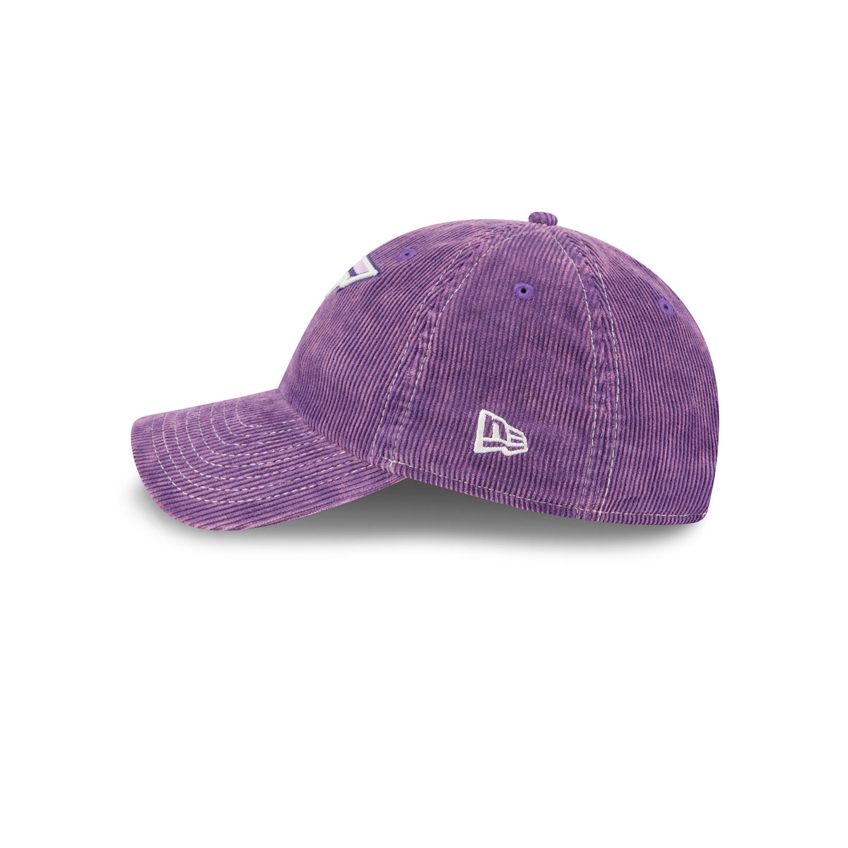 A purple corduroy baseball cap with a white embroidered New Era logo on the side, shown against a plain white background.