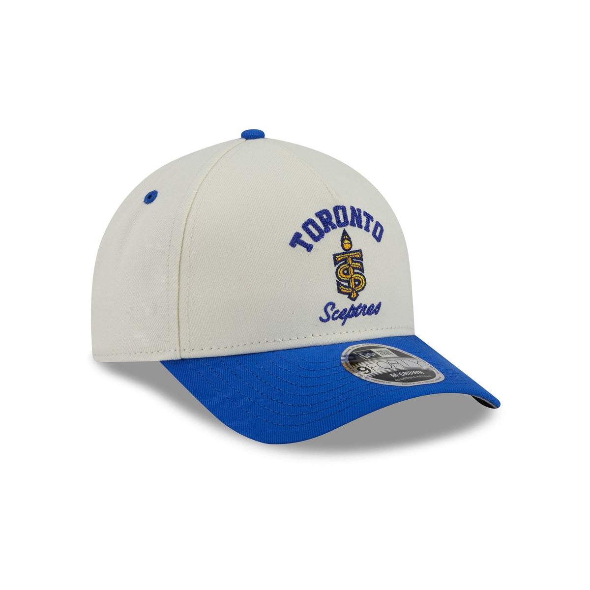 A structured baseball cap with an off-white crown and a royal blue visor, featuring embroidered 'Toronto Sceptres' text and a spider logo on the front. A silver and black New Era 9FORTY sticker is visible on the brim.