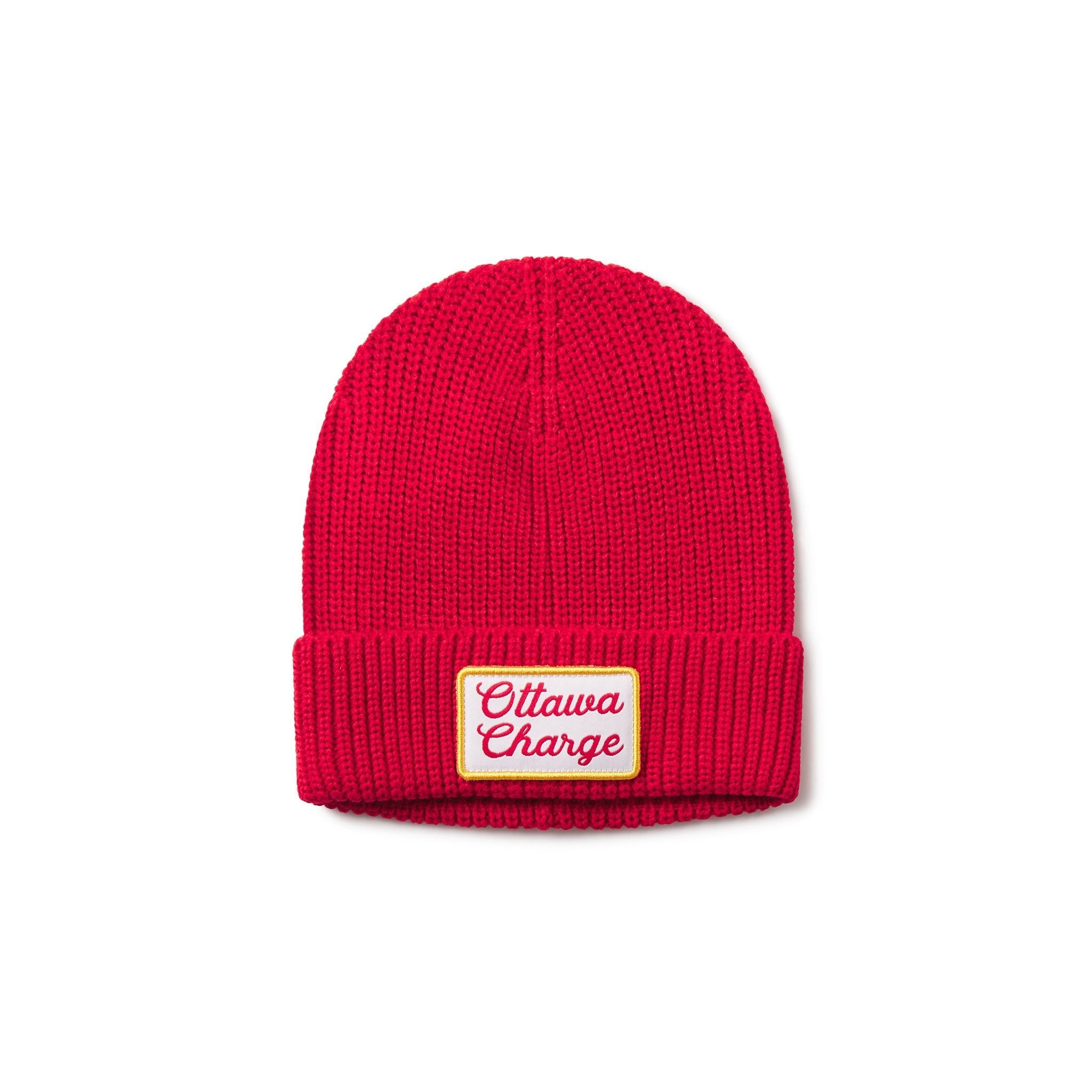 Red beanie with 'Ottawa Charge' label on a white background