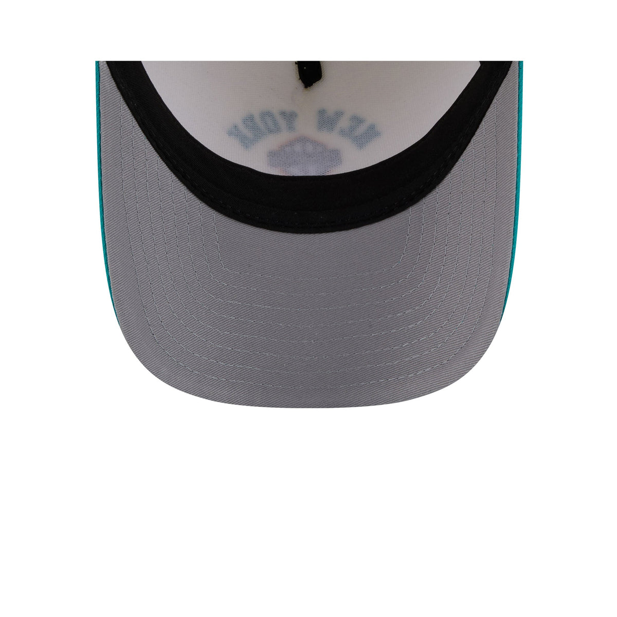 Close-up of the front of a baseball cap showing a white crown with a black brim, gray curved brim, and a small blue embroidered logo on the front panel.