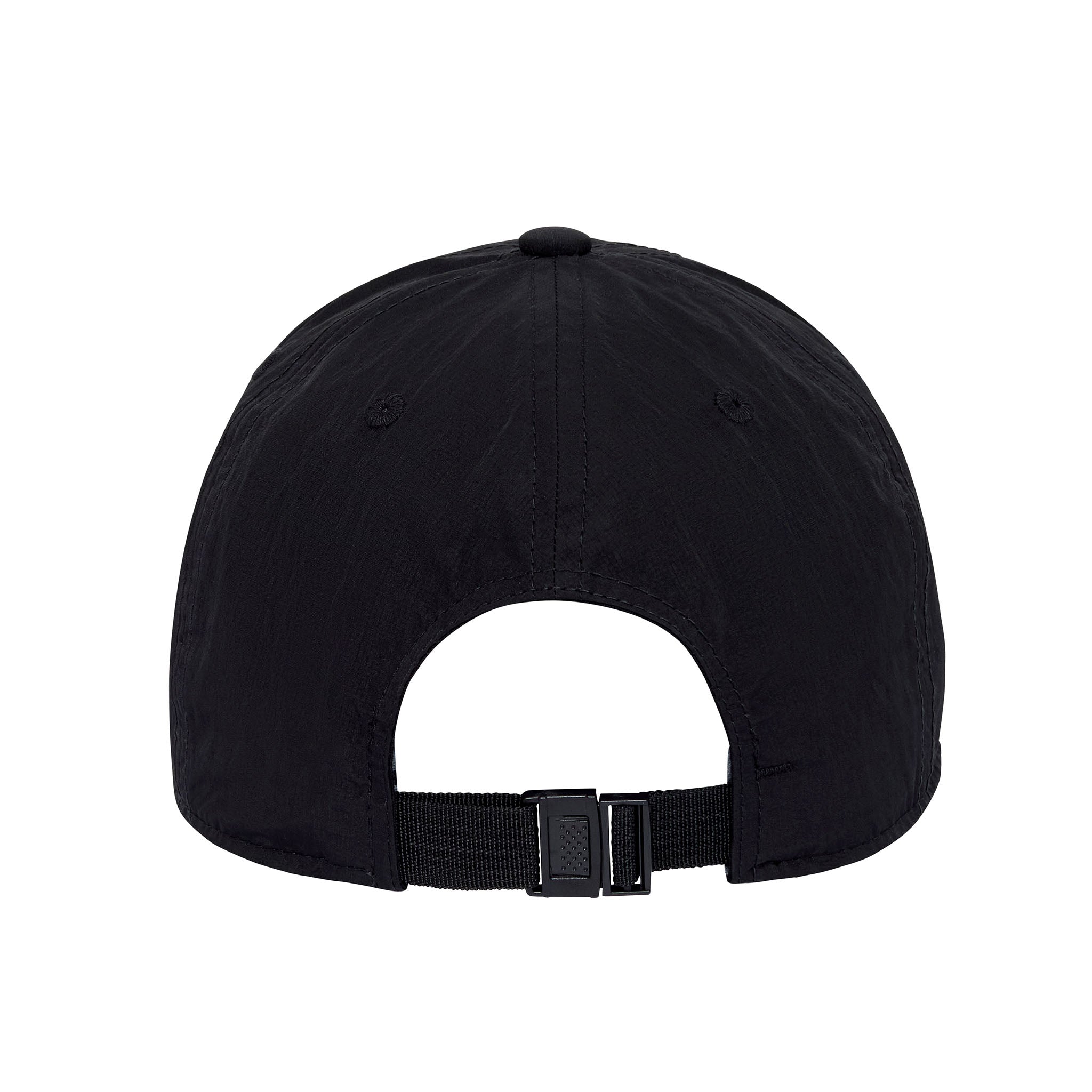 Black cap with a strap on a white background