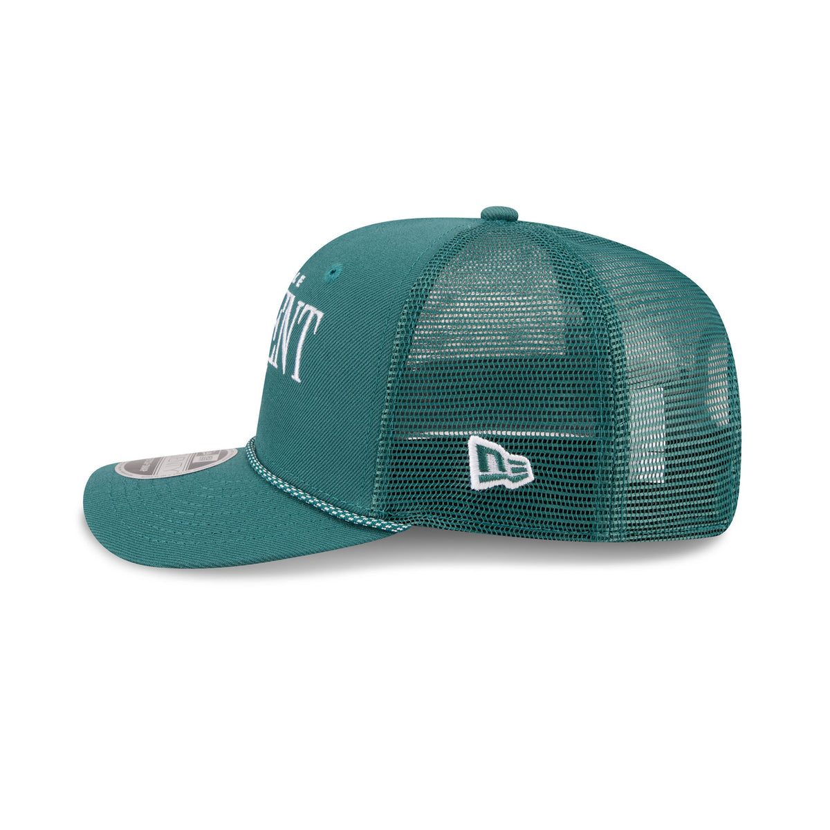 Left side of a dark teal structured hat with a dark teal mesh back and a dark teal and white speckled chord along the base of the brim. 'SEATTLE' is embroidered small above a larger 'TORRENT' with a Seattle Torrent logo set in front of it. White New Era logo stitched on side of dark teal mesh.