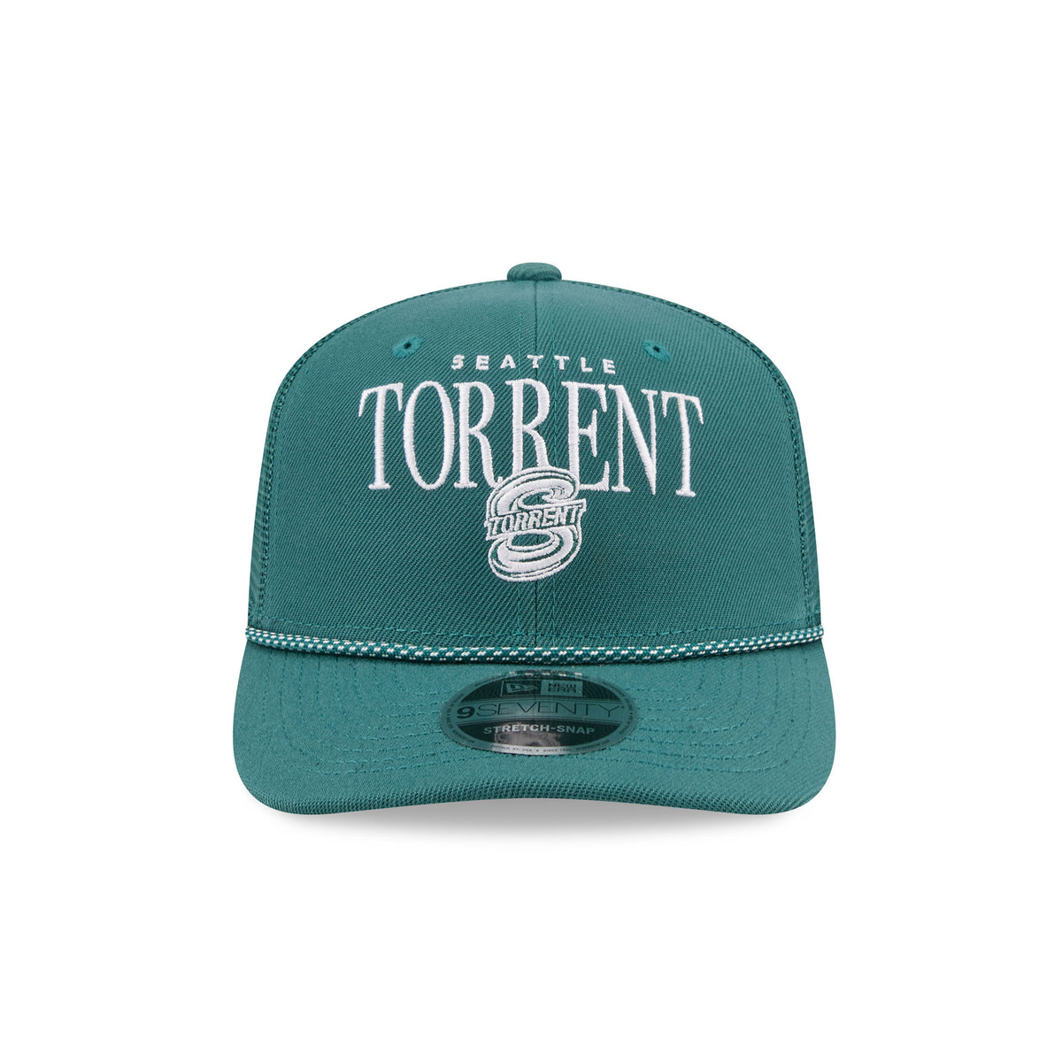 Front of a dark teal structured hat with a dark teal and white speckled chord along the base of the brim. 'SEATTLE' is embroidered small above a larger 'TORRENT' with a Seattle Torrent logo set in front of it.