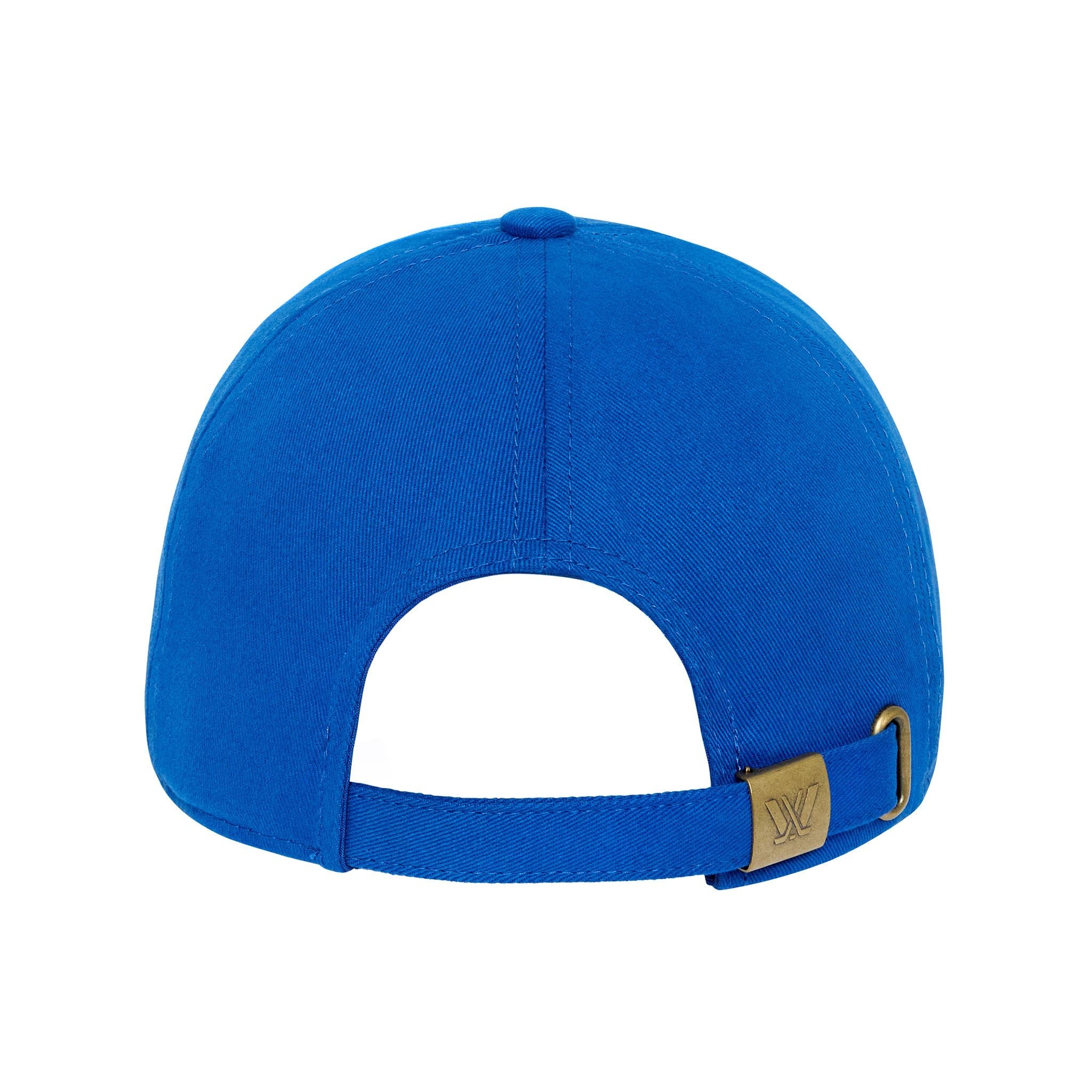 Blue cap with a gold buckle on a white background