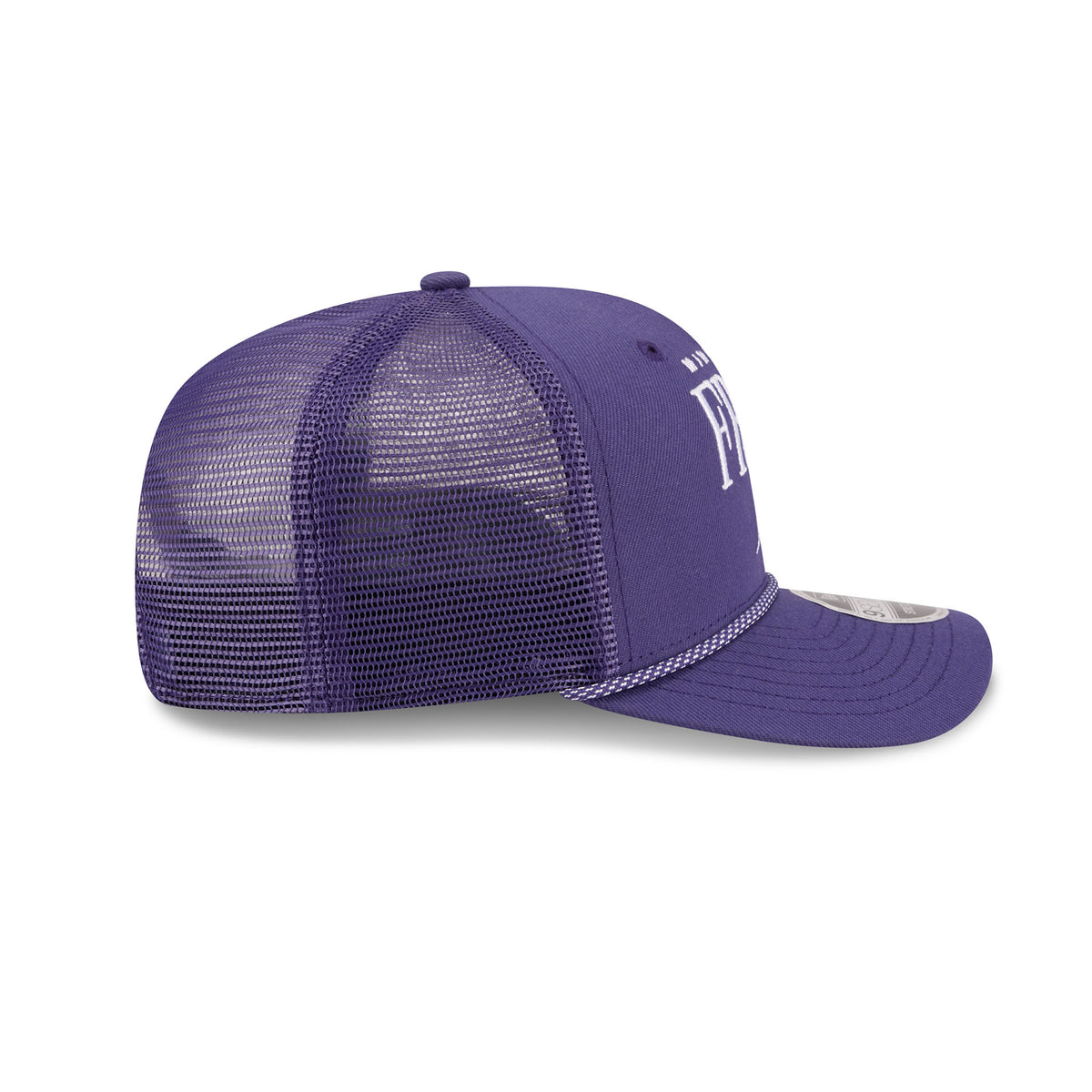 Right side of a purple structured hat with purple mesh back and a purple and white speckled chord along the base of the brim. 'MINNESOTA' is embroidered small above a larger 'FROST' with a Minnesota Frost logo set in front of it.