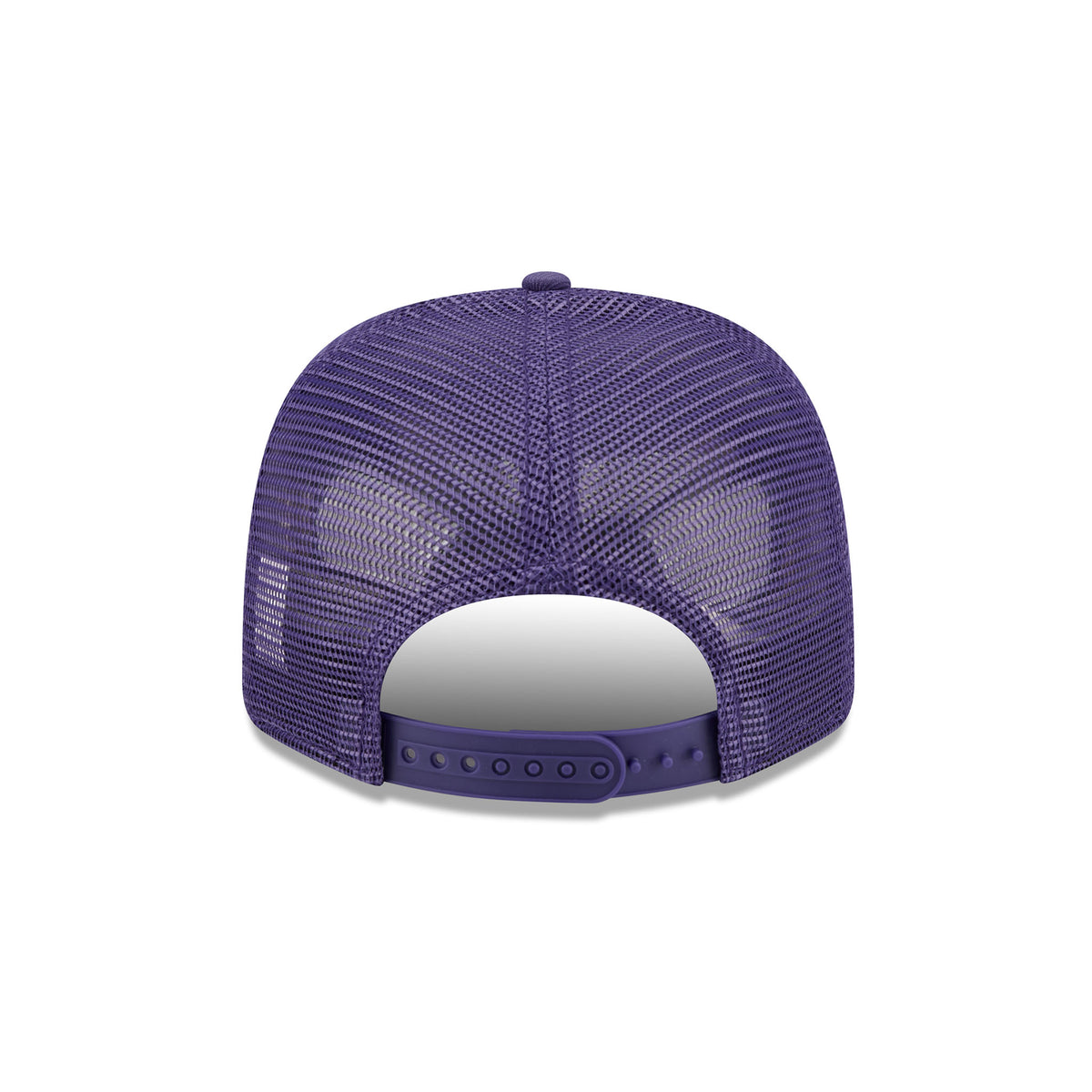 Back of a purple structured Minnesota Frost hat with a purple mesh back and purple plastic snaps.