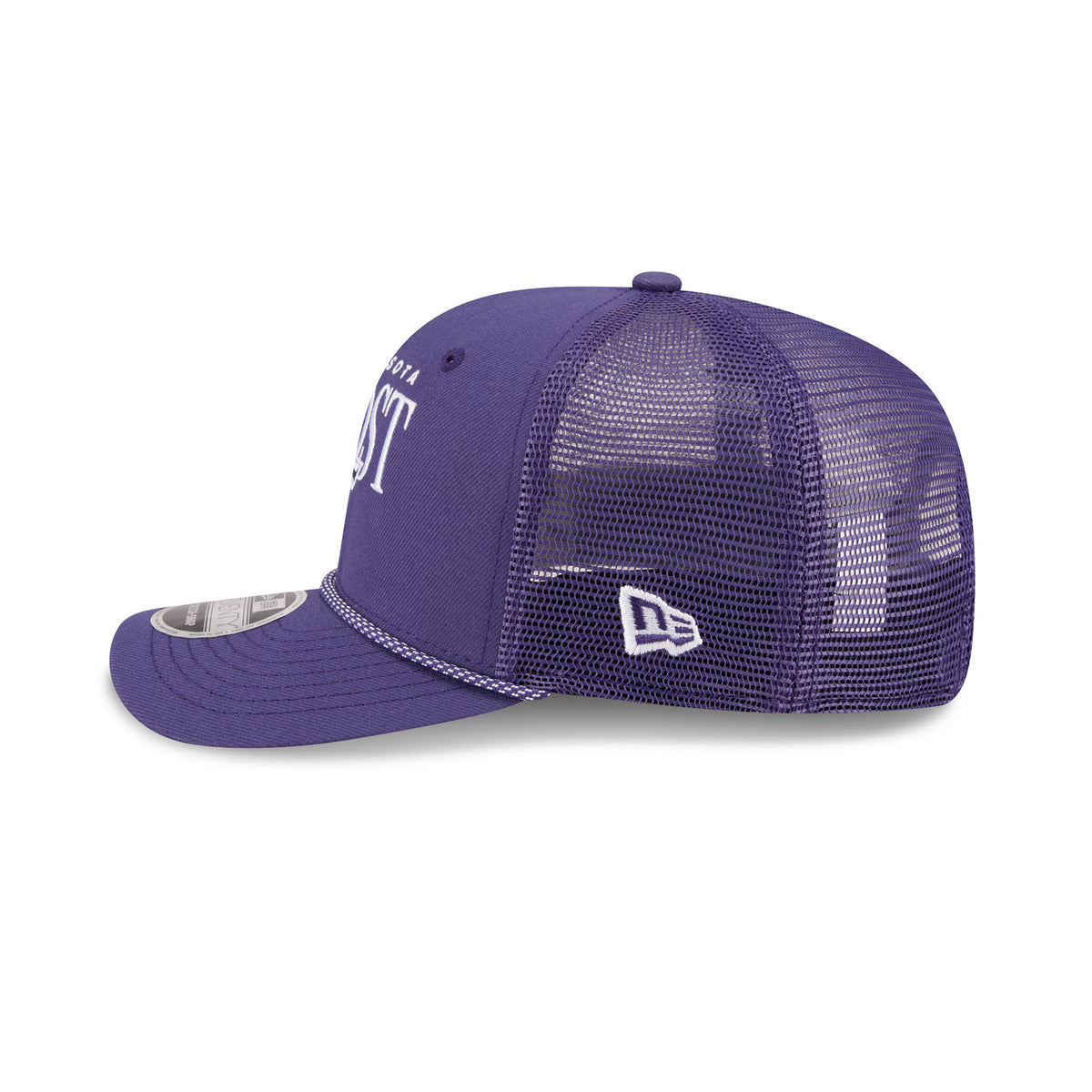 Left side of a purple structured hat with purple mesh back and a purple and white speckled chord along the base of the brim. 'MINNESOTA' is embroidered small above a larger 'FROST' with a Minnesota Frost logo set in front of it. White New Era logo stitched on side of purple mesh.
