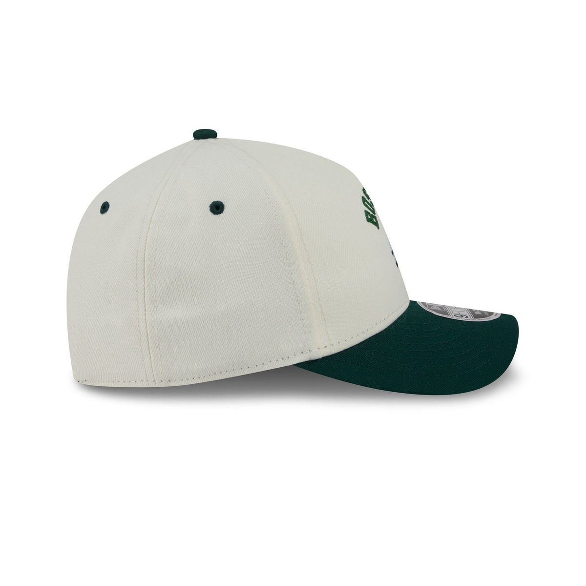 White and green baseball cap on a white background