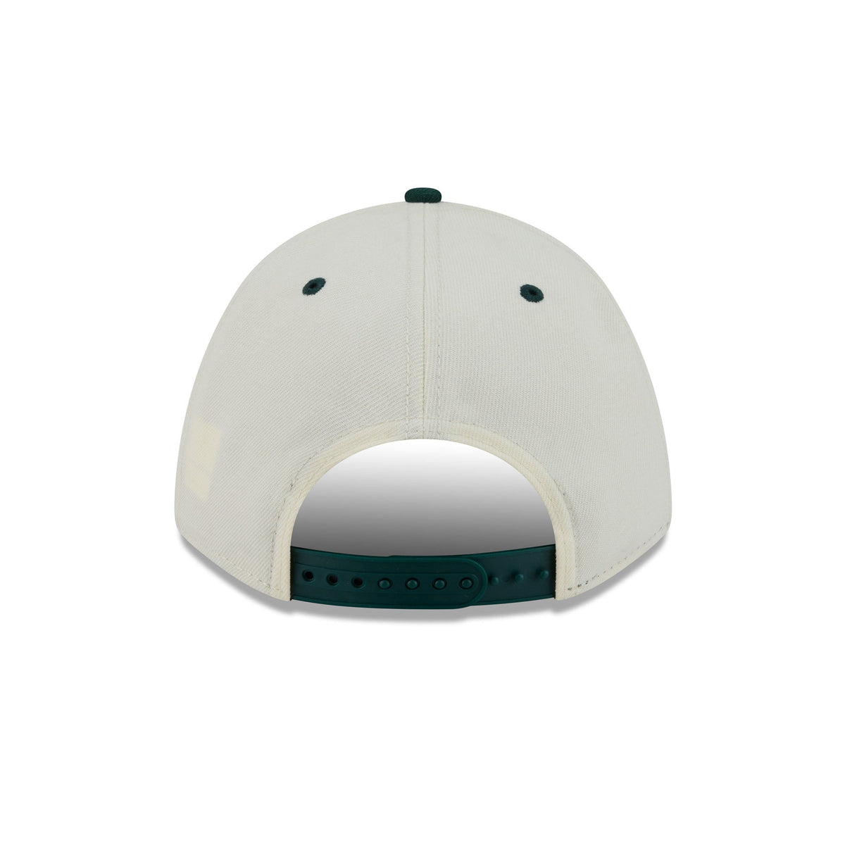 The back view of a baseball cap in off-white canvas with a dark green adjustable strap and button.