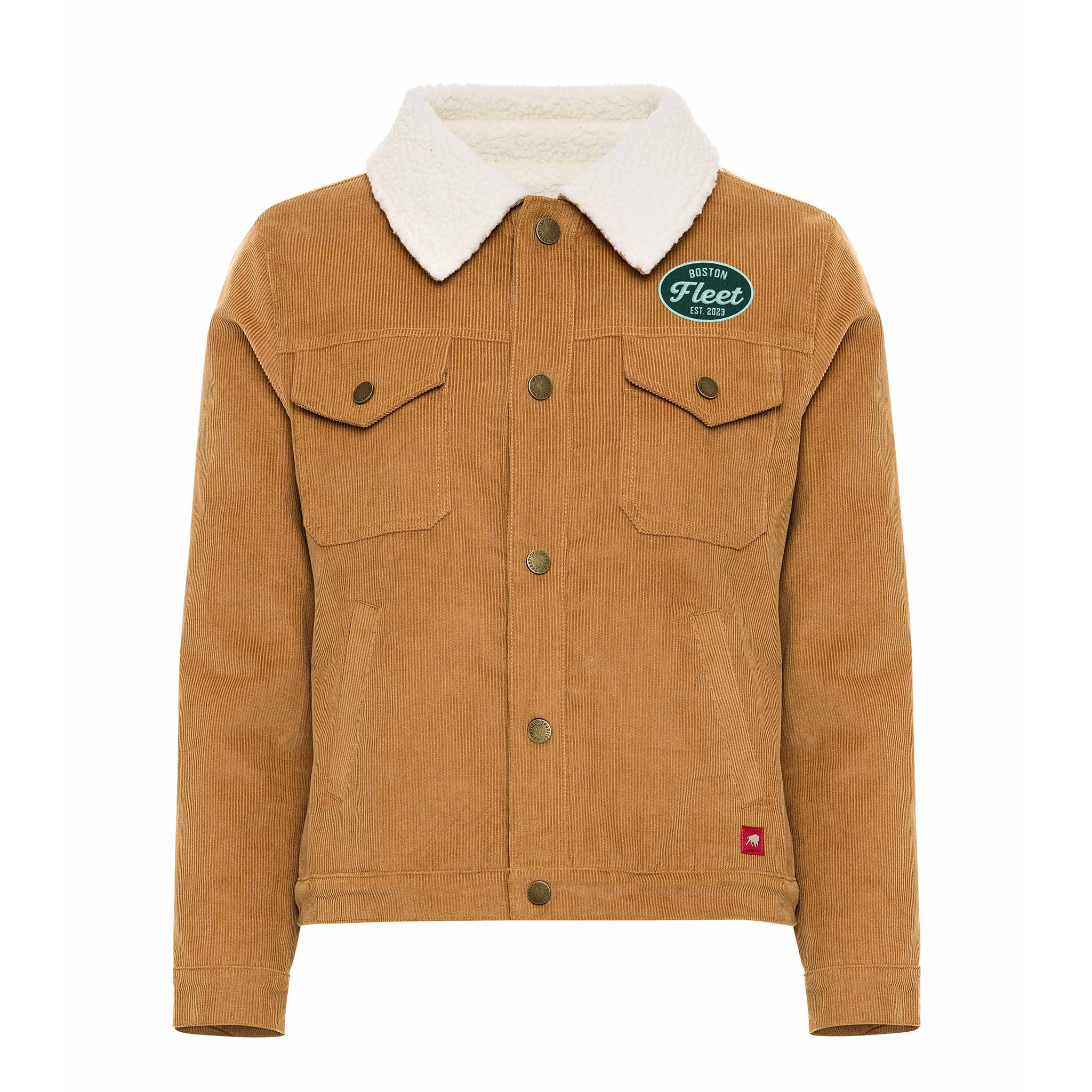 Brown corduroy jacket with 'Boston Fleet' logo on a white background
