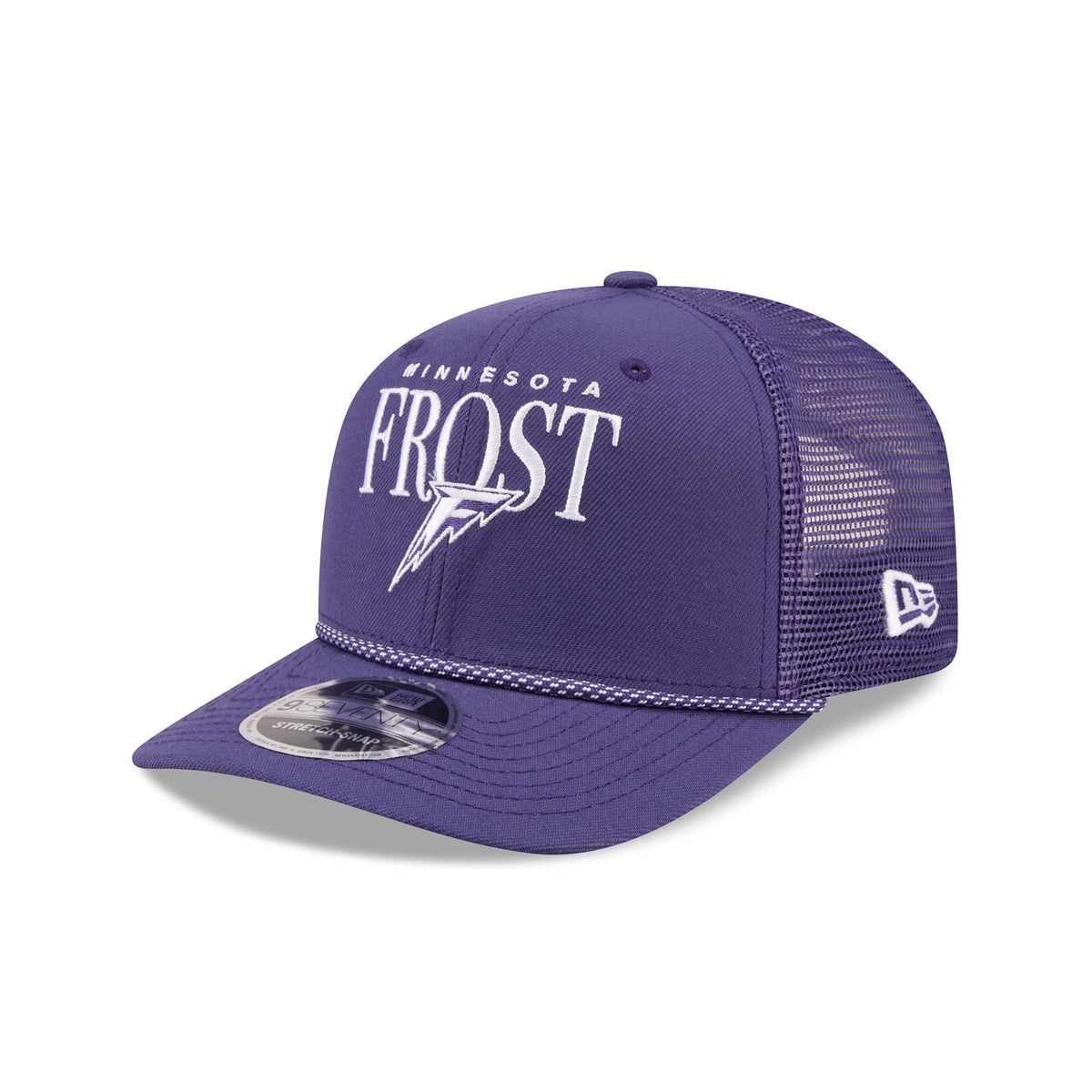 Left side of a purple structured hat with purple mesh back and a purple and white speckled chord along the base of the brim. 'MINNESOTA' is embroidered small above a larger 'FROST' with a Minnesota Frost logo set in front of it. White New Era logo stitched on side of purple mesh.