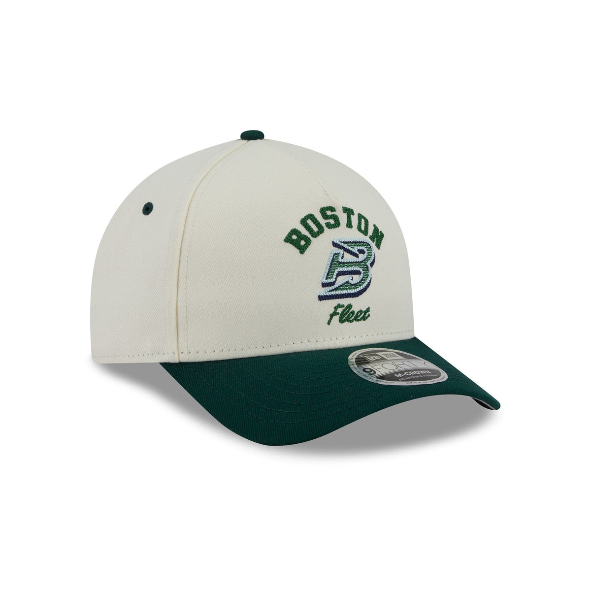 An off-white and dark green Boston Fleet baseball cap with embroidered lettering and a New Era 9FORTY sticker on the visor, shown on a clean white background.