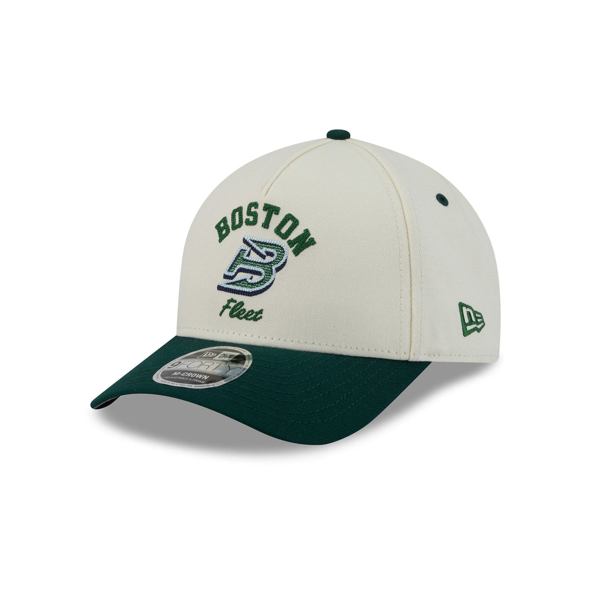 A Boston Fleet baseball cap in off-white and dark green, featuring embroidered team logos and a New Era 9FORTY sticker on the visor, set against a plain white background.